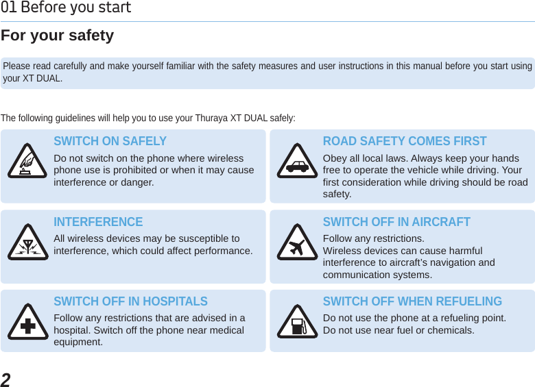 201 Before you start The following guidelines will help you to use your Thuraya XT DUAL safely:For your safetyPlease read carefully and make yourself familiar with the safety measures and user instructions in this manual before you start using your XT DUAL. SWITCH ON SAFELYDo not switch on the phone where wireless phone use is prohibited or when it may cause interference or danger.ROAD SAFETY COMES FIRSTObey all local laws. Always keep your hands free to operate the vehicle while driving. Your first consideration while driving should be road safety.INTERFERENCEAll wireless devices may be susceptible to interference, which could affect performance.SWITCH OFF IN AIRCRAFTFollow any restrictions. Wireless devices can cause harmful interference to aircraft’s navigation and communication systems.SWITCH OFF IN HOSPITALSFollow any restrictions that are advised in ahospital. Switch off the phone near medical equipment.SWITCH OFF WHEN REFUELINGDo not use the phone at a refueling point.Do not use near fuel or chemicals.