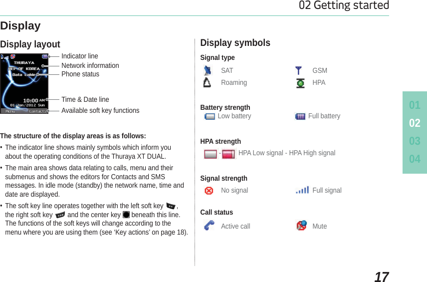 010203041702 Getting startedDisplayDisplay layoutThe structure of the display areas is as follows: The indicator line shows mainly symbols which inform you about the operating conditions of the Thuraya XT DUAL. The main area shows data relating to calls, menu and their submenus and shows the editors for Contacts and SMS messages. In idle mode (standby) the network name, time and date are displayed. The soft key line operates together with the left soft key  ,the right soft key   and the center key beneath this line.The functions of the soft keys will change according to the menu where you are using them (see ‘Key actions’ on page 18).Display symbolsBattery strength Low battery  Full batteryHPA strength- HPA Low signal - HPA High signalSignal strengthNo signal Full signalCall statusActive call MuteSignal typeSAT GSMRoaming HPAIndicator lineNetwork informationAvailable soft key functionsPhone status Time &amp; Date line