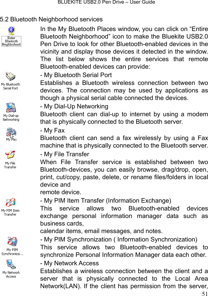    BLUEKITE USB2.0 Pen Drive – User Guide  515.2 Bluetooth Neighborhood services  In the My Bluetooth Places window, you can click on “Entire Bluetooth Neighborhood” icon to make the Bluekite USB2.0 Pen Drive to look for other Bluetooth-enabled devices in the vicinity and display those devices it detected in the window. The list below shows the entire services that remote Bluetooth-enabled devices can provide:  - My Bluetooth Serial Port   Establishes a Bluetooth wireless connection between two devices. The connection may be used by applications as though a physical serial cable connected the devices.  - My Dial-Up Networking Bluetooth client can dial-up to internet by using a modem that is physically connected to the Bluetooth server.  - My Fax Bluetooth client can send a fax wirelessly by using a Fax machine that is physically connected to the Bluetooth server.  - My File Transfer When File Transfer service is established between two Bluetooth-devices, you can easily browse, drag/drop, open, print, cut/copy, paste, delete, or rename files/folders in local device and   remote device.  - My PIM Item Transfer (Information Exchange) This service allows two Bluetooth-enabled devices exchange personal information manager data such as business cards,   calendar items, email messages, and notes.  - My PIM Synchronization ( Information Synchronization) This service allows two Bluetooth-enabled devices to synchronize Personal Information Manager data each other.  - My Network Access Establishes a wireless connection between the client and a server that is physically connected to the Local Area Network(LAN). If the client has permission from the server, 
