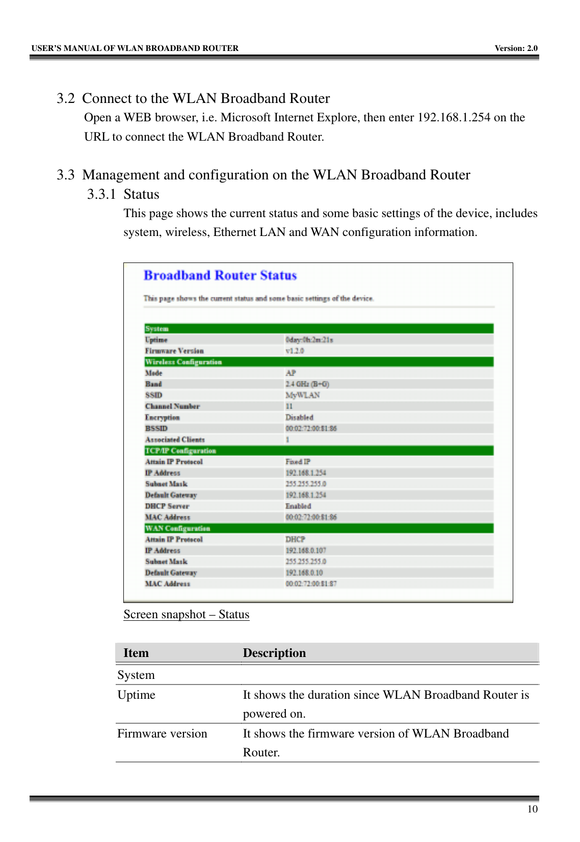   USER’S MANUAL OF WLAN BROADBAND ROUTER    Version: 2.0     10  3.2 Connect to the WLAN Broadband Router Open a WEB browser, i.e. Microsoft Internet Explore, then enter 192.168.1.254 on the URL to connect the WLAN Broadband Router.  3.3 Management and configuration on the WLAN Broadband Router 3.3.1 Status This page shows the current status and some basic settings of the device, includes system, wireless, Ethernet LAN and WAN configuration information.   Screen snapshot – Status  Item  Description   System  Uptime  It shows the duration since WLAN Broadband Router is powered on.   Firmware version  It shows the firmware version of WLAN Broadband Router.   