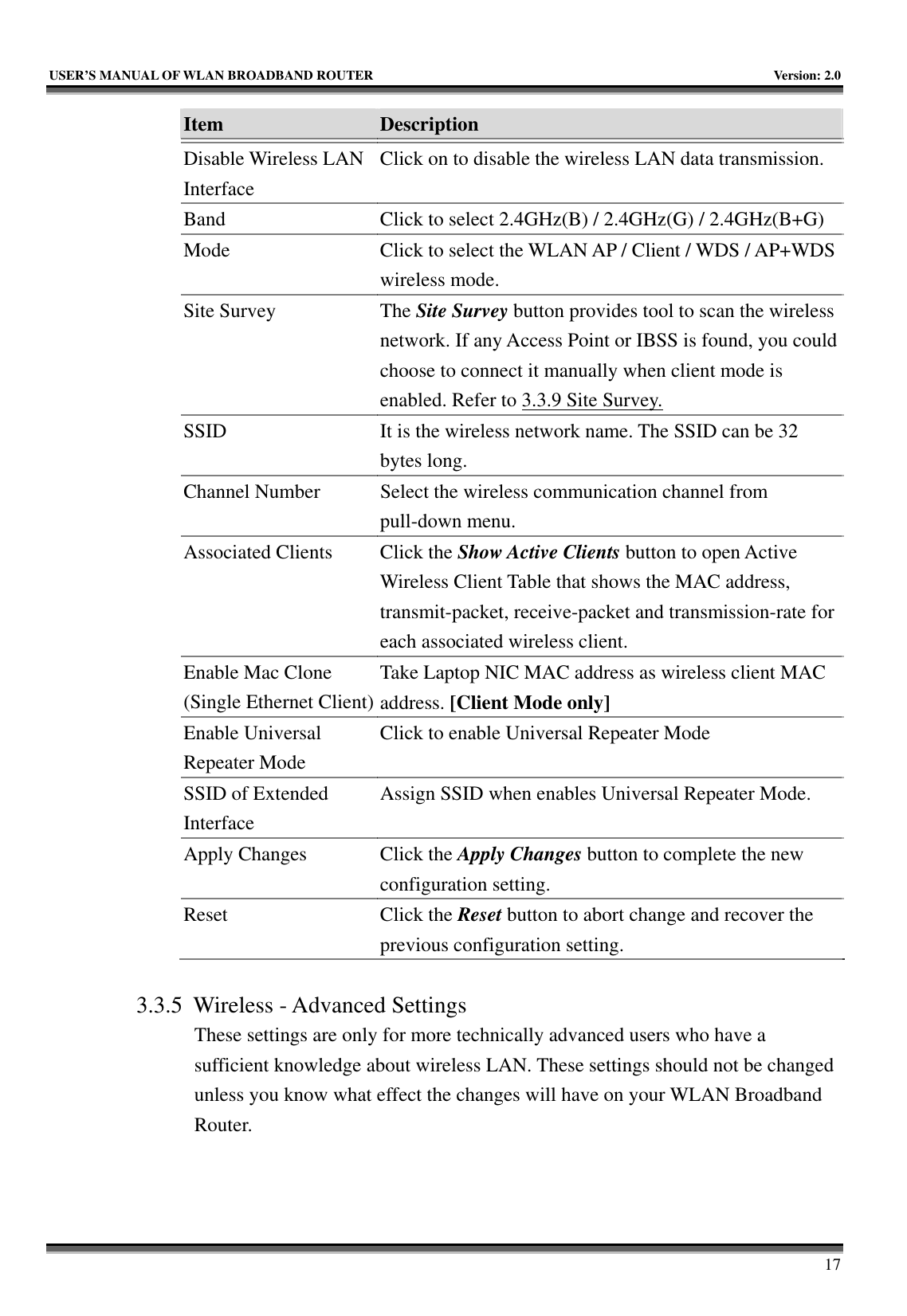   USER’S MANUAL OF WLAN BROADBAND ROUTER    Version: 2.0     17 Item  Description   Disable Wireless LAN Interface Click on to disable the wireless LAN data transmission. Band  Click to select 2.4GHz(B) / 2.4GHz(G) / 2.4GHz(B+G) Mode  Click to select the WLAN AP / Client / WDS / AP+WDS wireless mode. Site Survey  The Site Survey button provides tool to scan the wireless network. If any Access Point or IBSS is found, you could choose to connect it manually when client mode is enabled. Refer to 3.3.9 Site Survey. SSID  It is the wireless network name. The SSID can be 32 bytes long. Channel Number  Select the wireless communication channel from pull-down menu. Associated Clients  Click the Show Active Clients button to open Active Wireless Client Table that shows the MAC address, transmit-packet, receive-packet and transmission-rate for each associated wireless client. Enable Mac Clone (Single Ethernet Client)Take Laptop NIC MAC address as wireless client MAC address. [Client Mode only] Enable Universal Repeater Mode Click to enable Universal Repeater Mode SSID of Extended Interface Assign SSID when enables Universal Repeater Mode. Apply Changes  Click the Apply Changes button to complete the new configuration setting. Reset Click the Reset button to abort change and recover the previous configuration setting.  3.3.5 Wireless - Advanced Settings These settings are only for more technically advanced users who have a sufficient knowledge about wireless LAN. These settings should not be changed unless you know what effect the changes will have on your WLAN Broadband Router.  