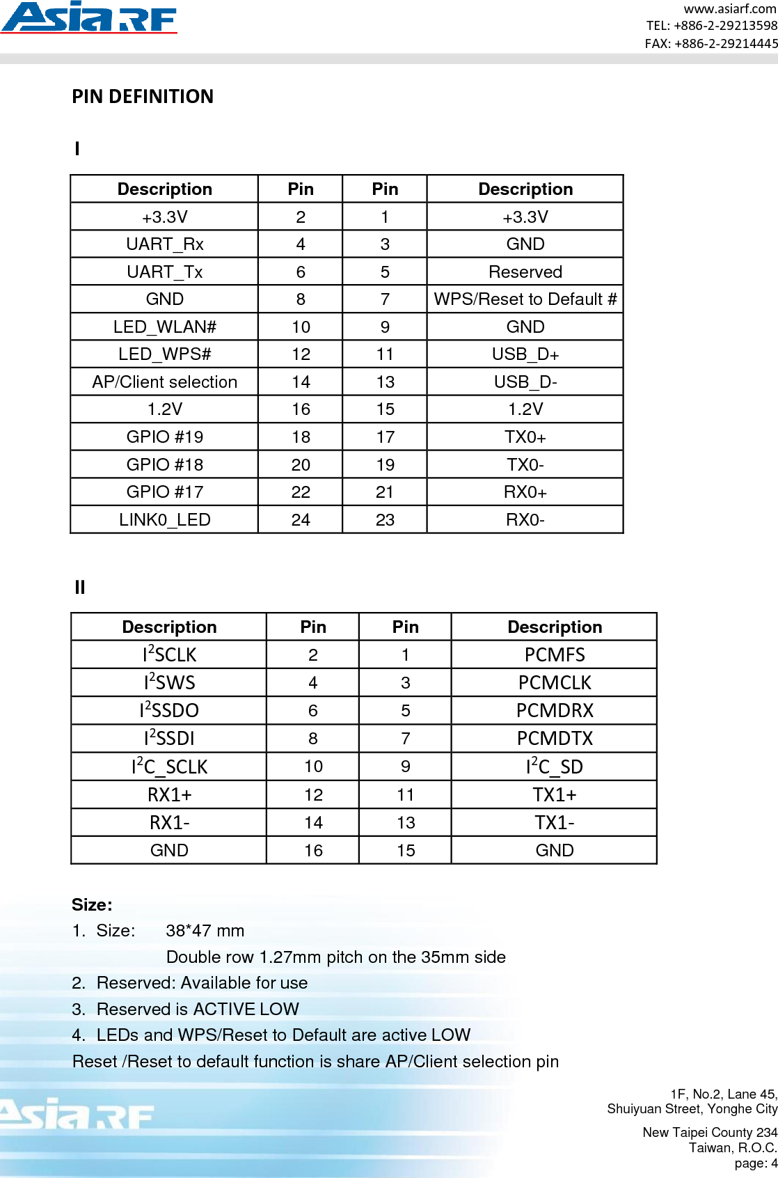 1F, No.2, Lane 45, Shuiyuan Street, Yonghe City New Taipei County 234 Taiwan, R.O.C. page: 4 www.asiarf.com TEL: +886-2-29213598 FAX: +886-2-29214445    PIN DEFINITION I               II  Description Pin Pin Description I2SCLK 2 1 PCMFS I2SWS 4 3 PCMCLK I2SSDO 6 5 PCMDRX I2SSDI 8 7 PCMDTX I2C_SCLK 10 9 I2C_SD RX1+ 12 11 TX1+ RX1- 14 13 TX1- GND 16 15 GND  Size: 1. Size:  38*47 mm Double row 1.27mm pitch on the 35mm side 2. Reserved: Available for use 3. Reserved is ACTIVE LOW 4. LEDs and WPS/Reset to Default are active LOW Reset /Reset to default function is share AP/Client selection pin Description Pin Pin Description +3.3V 2 1 +3.3V UART_Rx 4 3 GND UART_Tx 6 5 Reserved GND 8 7 WPS/Reset to Default # LED_WLAN# 10 9 GND LED_WPS# 12 11 USB_D+ AP/Client selection 14 13 USB_D- 1.2V 16 15 1.2V GPIO #19 18 17 TX0+ GPIO #18 20 19 TX0- GPIO #17 22 21 RX0+ LINK0_LED 24 23 RX0-  