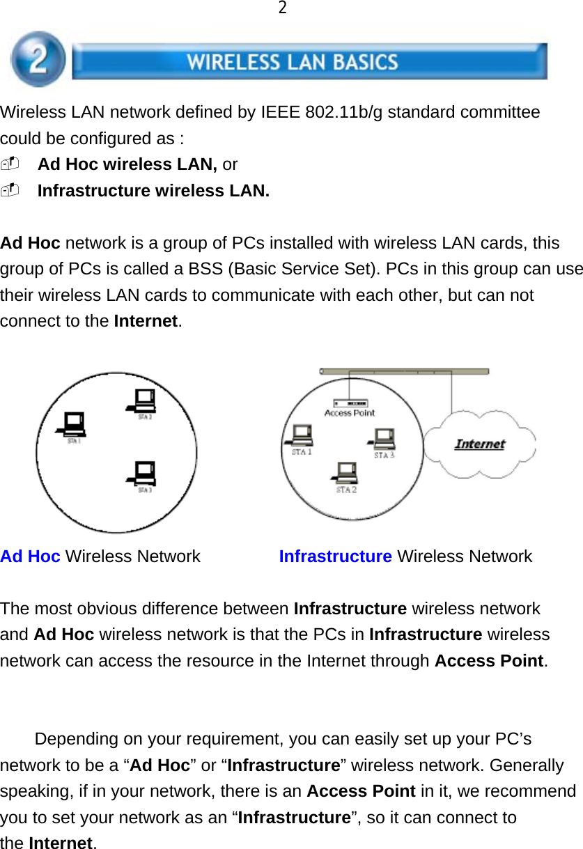           2  Wireless LAN network defined by IEEE 802.11b/g standard committee could be configured as :  Ad Hoc wireless LAN, or  Infrastructure wireless LAN.  Ad Hoc network is a group of PCs installed with wireless LAN cards, this group of PCs is called a BSS (Basic Service Set). PCs in this group can use their wireless LAN cards to communicate with each other, but can not connect to the Internet.  Ad Hoc Wireless Network         Infrastructure Wireless Network  The most obvious difference between Infrastructure wireless network and Ad Hoc wireless network is that the PCs in Infrastructure wireless network can access the resource in the Internet through Access Point.   Depending on your requirement, you can easily set up your PC’s network to be a “Ad Hoc” or “Infrastructure” wireless network. Generally speaking, if in your network, there is an Access Point in it, we recommend you to set your network as an “Infrastructure”, so it can connect to the Internet.    