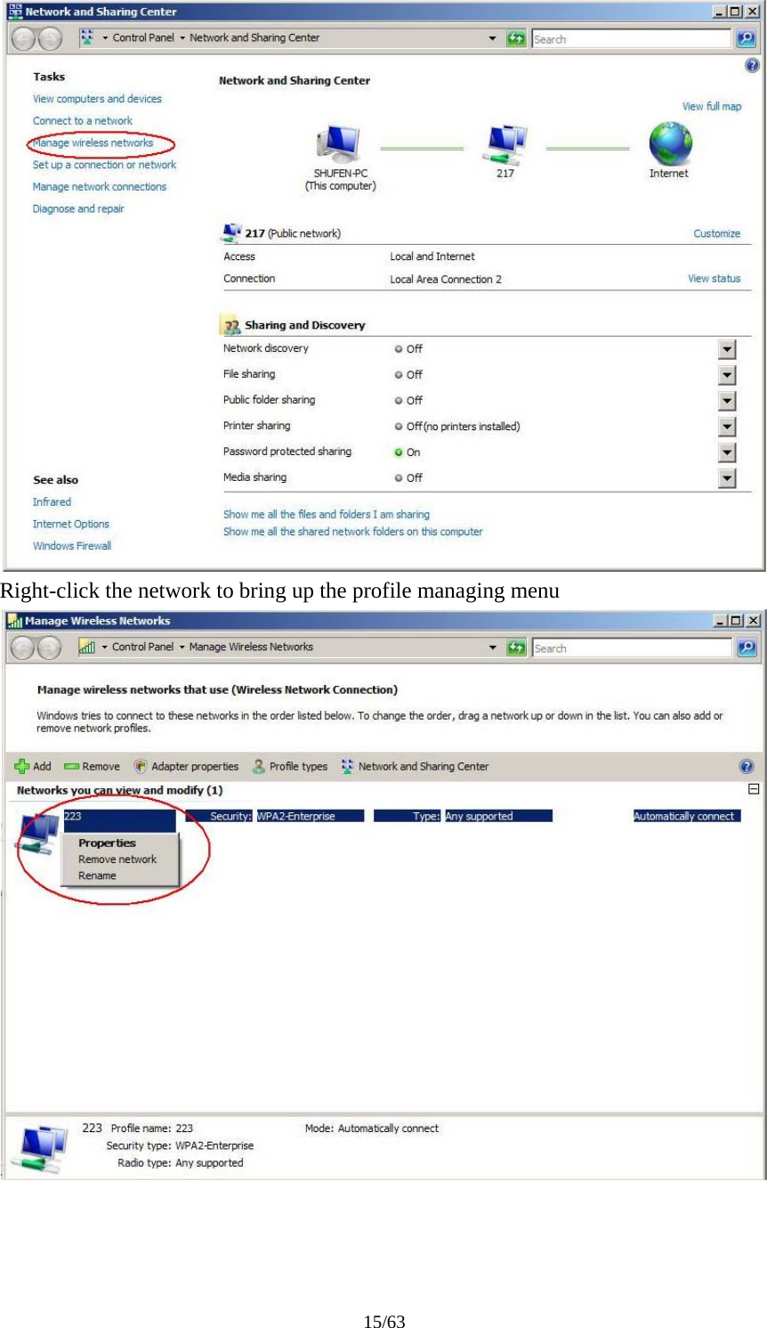 15/63  Right-click the network to bring up the profile managing menu  