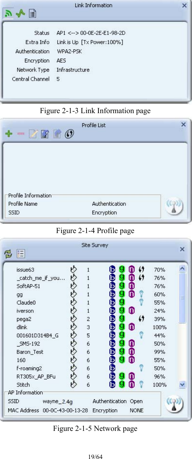 19/64  Figure 2-1-3 Link Information page  Figure 2-1-4 Profile page  Figure 2-1-5 Network page 