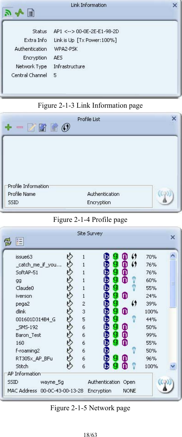 18/63  Figure 2-1-3 Link Information page  Figure 2-1-4 Profile page  Figure 2-1-5 Network page 