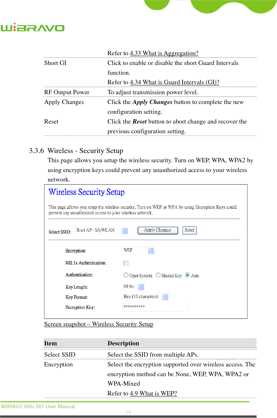  WiBRAVO Virtu 901 User Manual  19  Refer to 4.33 What is Aggregation? Short GI  Click to enable or disable the short Guard Intervals function. Refer to 4.34 What is Guard Intervals (GI)? RF Output Power  To adjust transmission power level. Apply Changes  Click the Apply Changes button to complete the new configuration setting. Reset Click the Reset button to abort change and recover the previous configuration setting.  3.3.6 Wireless - Security Setup This page allows you setup the wireless security. Turn on WEP, WPA, WPA2 by using encryption keys could prevent any unauthorized access to your wireless network.  Screen snapshot – Wireless Security Setup  Item  Description  Select SSID Select the SSID from multiple APs. Encryption  Select the encryption supported over wireless access. The encryption method can be None, WEP, WPA, WPA2 or WPA-Mixed Refer to 4.9 What is WEP? 