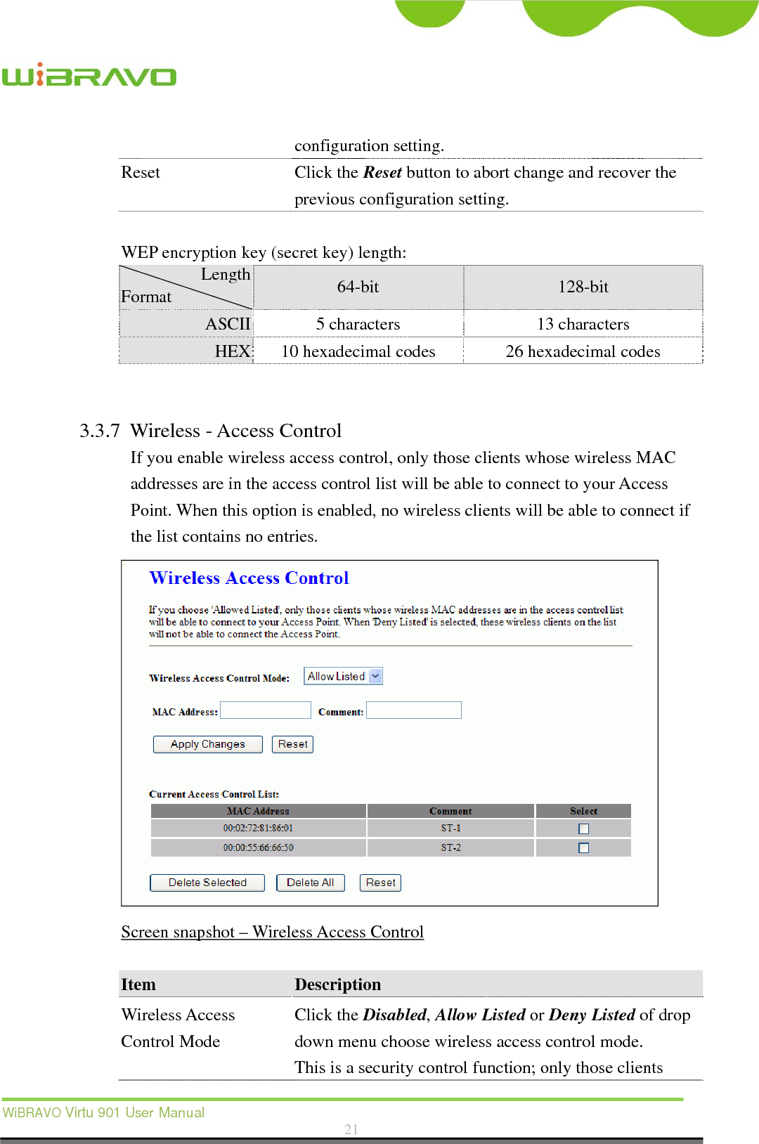  WiBRAVO Virtu 901 User Manual  21  configuration setting. Reset Click the Reset button to abort change and recover the previous configuration setting.  WEP encryption key (secret key) length: Length Format  64-bit  128-bit ASCII  5 characters  13 characters HEX  10 hexadecimal codes    26 hexadecimal codes   3.3.7 Wireless - Access Control If you enable wireless access control, only those clients whose wireless MAC addresses are in the access control list will be able to connect to your Access Point. When this option is enabled, no wireless clients will be able to connect if the list contains no entries.  Screen snapshot – Wireless Access Control  Item  Description  Wireless Access Control Mode Click the Disabled, Allow Listed or Deny Listed of drop down menu choose wireless access control mode. This is a security control function; only those clients 