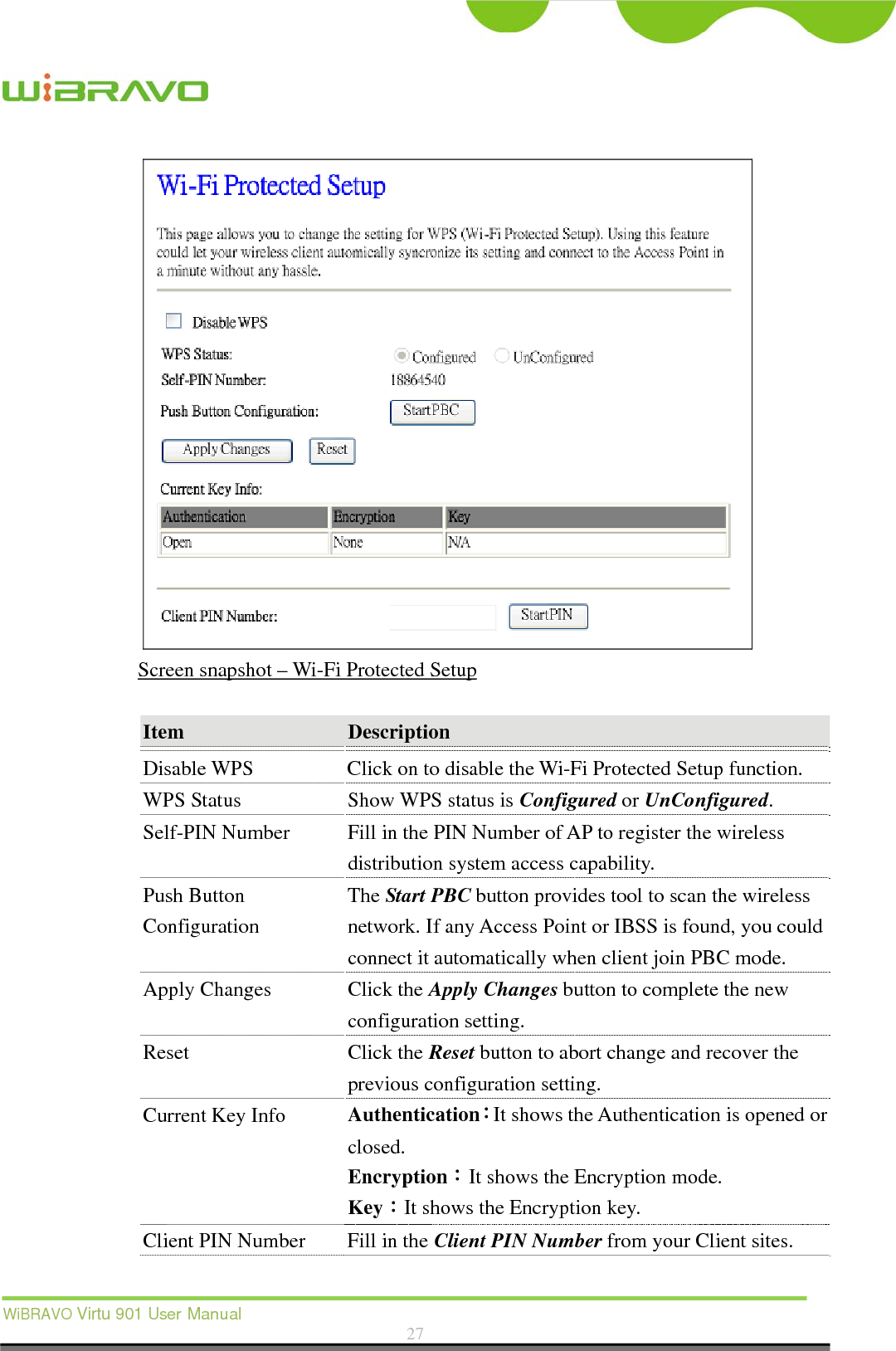  WiBRAVO Virtu 901 User Manual  27   Screen snapshot – Wi-Fi Protected Setup               Item  Description  Disable WPS  Click on to disable the Wi-Fi Protected Setup function. WPS Status  Show WPS status is Configured or UnConfigured. Self-PIN Number  Fill in the PIN Number of AP to register the wireless distribution system access capability. Push Button Configuration The Start PBC button provides tool to scan the wireless network. If any Access Point or IBSS is found, you could connect it automatically when client join PBC mode. Apply Changes  Click the Apply Changes button to complete the new configuration setting. Reset Click the Reset button to abort change and recover the previous configuration setting. Current Key Info Authentication：It shows the Authentication is opened or closed. Encryption：It shows the Encryption mode. Key：It shows the Encryption key. Client PIN Number  Fill in the Client PIN Number from your Client sites.  