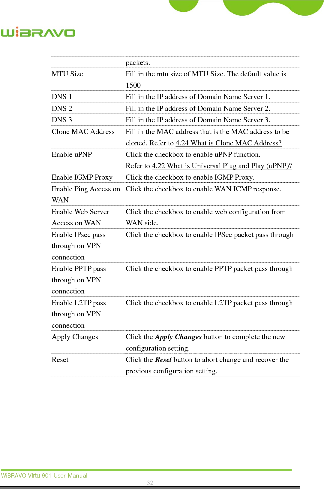  WiBRAVO Virtu 901 User Manual  32  packets. MTU Size  Fill in the mtu size of MTU Size. The default value is 1500 DNS 1  Fill in the IP address of Domain Name Server 1. DNS 2  Fill in the IP address of Domain Name Server 2. DNS 3  Fill in the IP address of Domain Name Server 3. Clone MAC Address  Fill in the MAC address that is the MAC address to be cloned. Refer to 4.24 What is Clone MAC Address? Enable uPNP  Click the checkbox to enable uPNP function. Refer to 4.22 What is Universal Plug and Play (uPNP)? Enable IGMP Proxy Click the checkbox to enable IGMP Proxy. Enable Ping Access on WAN Click the checkbox to enable WAN ICMP response. Enable Web Server Access on WAN Click the checkbox to enable web configuration from WAN side. Enable IPsec pass through on VPN connection Click the checkbox to enable IPSec packet pass through Enable PPTP pass through on VPN connection Click the checkbox to enable PPTP packet pass through Enable L2TP pass through on VPN connection Click the checkbox to enable L2TP packet pass through Apply Changes  Click the Apply Changes button to complete the new configuration setting. Reset Click the Reset button to abort change and recover the previous configuration setting.  