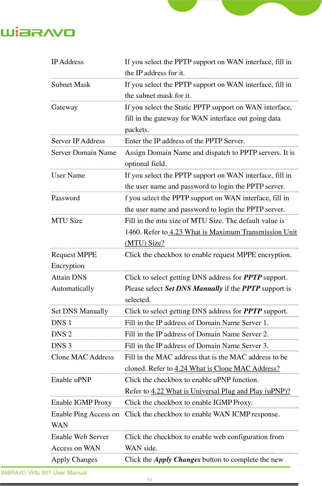  WiBRAVO Virtu 901 User Manual  39  IP Address  If you select the PPTP support on WAN interface, fill in the IP address for it. Subnet Mask  If you select the PPTP support on WAN interface, fill in the subnet mask for it. Gateway  If you select the Static PPTP support on WAN interface, fill in the gateway for WAN interface out going data packets. Server IP Address  Enter the IP address of the PPTP Server. Server Domain Name  Assign Domain Name and dispatch to PPTP servers. It is optional field. User Name  If you select the PPTP support on WAN interface, fill in the user name and password to login the PPTP server. Password  f you select the PPTP support on WAN interface, fill in the user name and password to login the PPTP server. MTU Size  Fill in the mtu size of MTU Size. The default value is 1460. Refer to 4.23 What is Maximum Transmission Unit (MTU) Size? Request MPPE Encryption Click the checkbox to enable request MPPE encryption. Attain DNS Automatically Click to select getting DNS address for PPTP support. Please select Set DNS Manually if the PPTP support is selected. Set DNS Manually  Click to select getting DNS address for PPTP support. DNS 1  Fill in the IP address of Domain Name Server 1. DNS 2  Fill in the IP address of Domain Name Server 2. DNS 3  Fill in the IP address of Domain Name Server 3. Clone MAC Address  Fill in the MAC address that is the MAC address to be cloned. Refer to 4.24 What is Clone MAC Address? Enable uPNP  Click the checkbox to enable uPNP function. Refer to 4.22 What is Universal Plug and Play (uPNP)? Enable IGMP Proxy Click the checkbox to enable IGMP Proxy. Enable Ping Access on WAN Click the checkbox to enable WAN ICMP response. Enable Web Server Access on WAN Click the checkbox to enable web configuration from WAN side. Apply Changes  Click the Apply Changes button to complete the new 