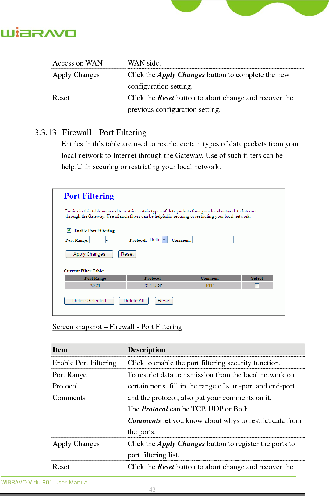  WiBRAVO Virtu 901 User Manual  42  Access on WAN  WAN side. Apply Changes  Click the Apply Changes button to complete the new configuration setting. Reset Click the Reset button to abort change and recover the previous configuration setting.  3.3.13 Firewall - Port Filtering Entries in this table are used to restrict certain types of data packets from your local network to Internet through the Gateway. Use of such filters can be helpful in securing or restricting your local network.   Screen snapshot – Firewall - Port Filtering  Item  Description  Enable Port Filtering  Click to enable the port filtering security function. Port Range Protocol Comments To restrict data transmission from the local network on certain ports, fill in the range of start-port and end-port, and the protocol, also put your comments on it. The Protocol can be TCP, UDP or Both. Comments let you know about whys to restrict data from the ports. Apply Changes  Click the Apply Changes button to register the ports to port filtering list. Reset Click the Reset button to abort change and recover the 