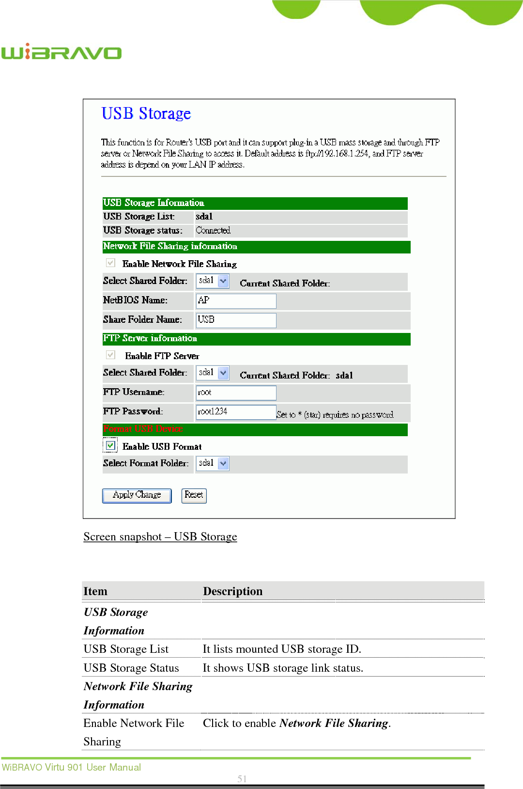  WiBRAVO Virtu 901 User Manual  51   Screen snapshot – USB Storage   Item  Description  USB Storage Information  USB Storage List  It lists mounted USB storage ID. USB Storage Status  It shows USB storage link status. Network File Sharing Information  Enable Network File Sharing Click to enable Network File Sharing. 