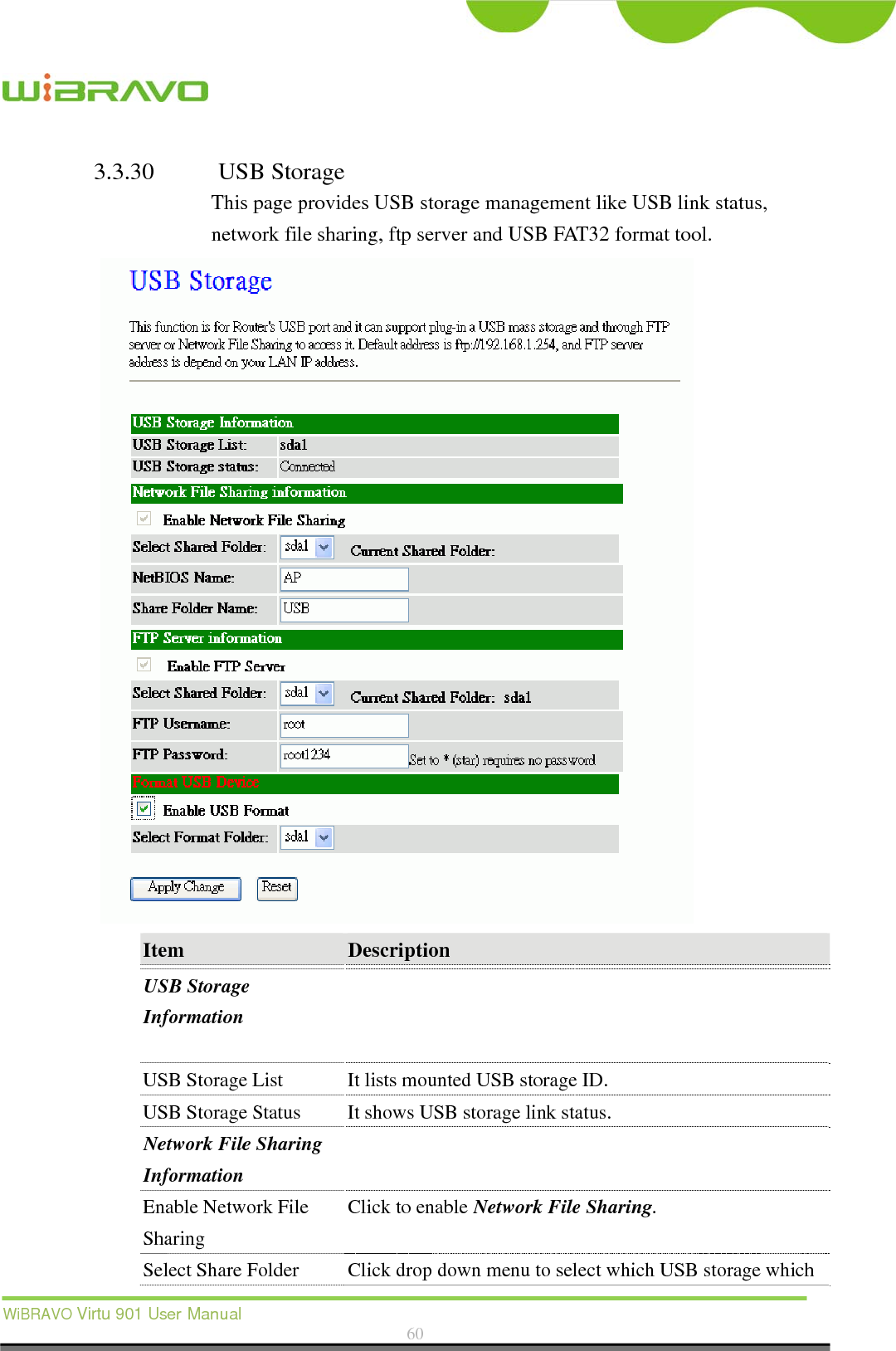  WiBRAVO Virtu 901 User Manual  60  3.3.30 USB Storage   This page provides USB storage management like USB link status, network file sharing, ftp server and USB FAT32 format tool.    Item  Description  USB Storage Information     USB Storage List   It lists mounted USB storage ID.   USB Storage Status It shows USB storage link status.   Network File Sharing Information    Enable Network File Sharing   Click to enable Network File Sharing.   Select Share Folder    Click drop down menu to select which USB storage which 