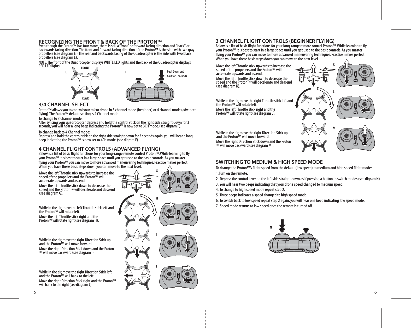 GHIJN5 64 CHANNEL FLIGHT CONTROLS (ADVANCED FLYING)Below is a list of basic flight functions for your long-range remote control Proton™. While learning to fly your Proton™ it is best to start in a large space until you get used to the basic controls. As you master flying your Proton™ you can move to more advanced maneuvering techniques. Practice makes perfect! When you have these basic steps down you can move to the next level.Move the left Throttle stick upwards to increase the speed of the propellers and the Proton™ will accelerate upwards and ascend. Move the left Throttle stick down to decrease the speed and the Proton™ will decelerate and descend (see diagram G).While in the air, move the left Throttle stick left and the Proton™ will rotate left.Move the left Throttle stick right and the Proton™ will rotate right (see diagram H).While in the air, move the right Direction Stick up and the Proton™ will move forward.Move the right Direction Stick down and the Proton™ will move backward (see diagram I).While in the air, move the right Direction Stick left and the Proton™ will bank to the left.Move the right Direction Stick right and the Proton™ will bank to the right (see diagram J).SWITCHING TO MEDIUM &amp; HIGH SPEED MODETo change the Proton™’s flight speed from the default (low speed) to medium and high speed flight mode:1. Turn on the remote.2.  Depress the control lever on the left side straight down as if pressing a button to switch modes (see digram N).3.  You will hear two beeps indicating that your drone speed changed to medium speed.4.  To change to high speed mode repeat step 2.5.  Three beeps indicates a speed changed to high speed mode.6.  To switch back to low speed repeat step 2 again, you will hear one beep indicating low speed mode.7.  Speed mode returns to low speed once the remote is turned off. RECOGNIZING THE FRONT &amp; BACK OF THE PROTON™Even though the Proton™ has four rotors, there is still a “front” or forward facing direction and &quot;back&quot; or backwards facing direction. The front and forward facing direction of the Proton™ is the side with two gray propellers (see diagram E ). The rear and backwards facing of the Quadrocopter is the side with two black propellers (see diagram E). NOTE: The front of the Quadrocopter displays WHITE LED lights and the back of the Quadrocopter displays RED LED lights.EFRONTREARKLM3 CHANNEL FLIGHT CONTROLS (BEGINNER FLYING)Below is a list of basic flight functions for your long-range remote control Proton™. While learning to fly your Proton™ it is best to start in a large space until you get used to the basic controls. As you master flying your Proton™ you can move to more advanced maneuvering techniques. Practice makes perfect! When you have these basic steps down you can move to the next level.Move the left Throttle stick upwards to increase the speed of the propellers and the Proton™ will accelerate upwards and ascend. Move the left Throttle stick down to decrease the speed and the Proton™ will decelerate and descend (see diagram K).While in the air, move the right Throttle stick left and the Proton™ will rotate left.Move the left Throttle stick right and the Proton™ will rotate right (see diagram L).While in the air, move the right Direction Stick up and the Proton™ will move forward.Move the right Direction Stick down and the Proton™ will move backward (see diagram M).3/4 CHANNEL SELECTProton™ allows you to control your micro drone in 3 channel mode (beginner) or 4 channel mode (advanced flying). The Proton™ default setting is 4 Channel mode. To change to 3 Channel mode: After syncing your quadrocopter, depress and hold the control stick on the right side straight down for 3 seconds, you will hear a long beep indicating the Proton™ is now set to 3CH mode. (see digram F).To change back to 4 Channel mode: Depress and hold the control stick on the right side straight down for 3 seconds again, you will hear a long beep indicating the Proton™ is now set to 4CH mode. (see digram F).FPush Down and hold for 3 seconds