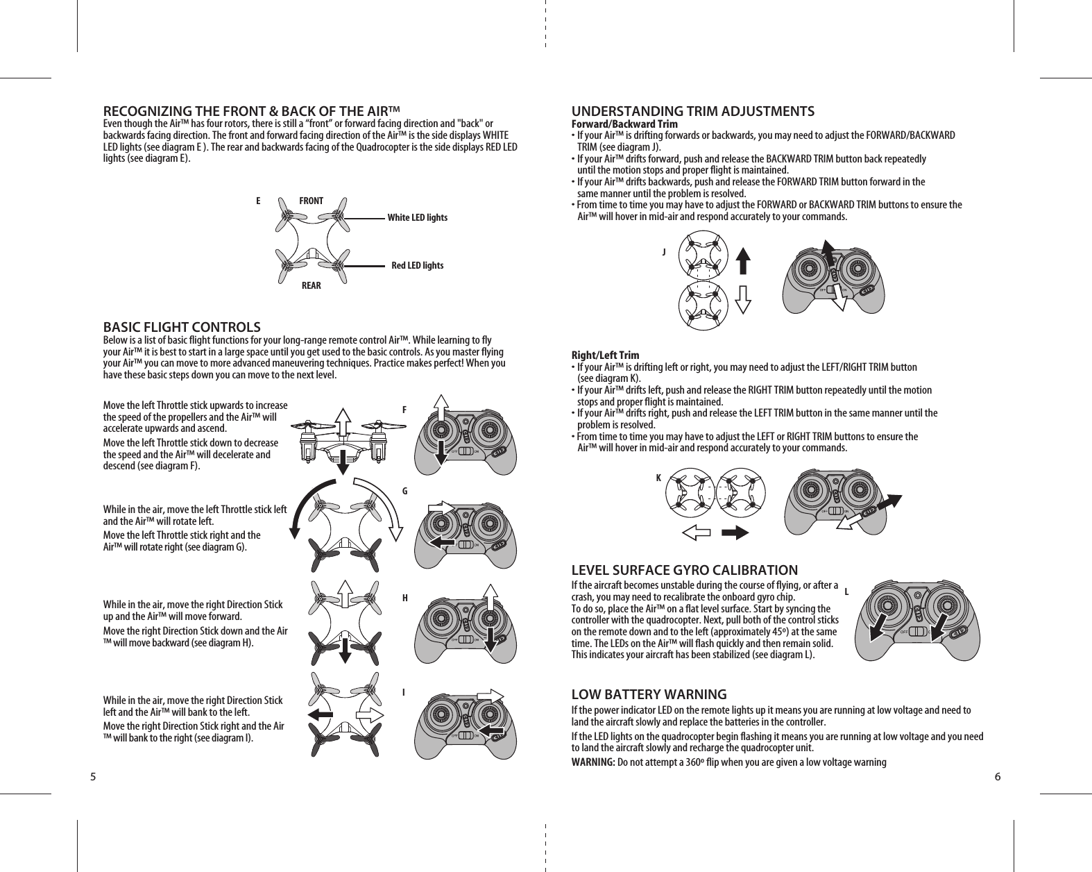 FGHIJKL5 6UNDERSTANDING TRIM ADJUSTMENTSForward/Backward Trim•  If your Air™ is drifting forwards or backwards, you may need to adjust the FORWARD/BACKWARD   TRIM (see diagram J). •  If your Air™ drifts forward, push and release the BACKWARD TRIM button back repeatedly      until the motion stops and proper flight is maintained. •  If your Air™ drifts backwards, push and release the FORWARD TRIM button forward in the      same manner until the problem is resolved.• From time to time you may have to adjust the FORWARD or BACKWARD TRIM buttons to ensure the   Air™ will hover in mid-air and respond accurately to your commands.Right/Left Trim•  If your Air™ is drifting left or right, you may need to adjust the LEFT/RIGHT TRIM button   (see diagram K). •  If your Air™ drifts left, push and release the RIGHT TRIM button repeatedly until the motion   stops and proper flight is maintained. •  If your Air™ drifts right, push and release the LEFT TRIM button in the same manner until the   problem is resolved.• From time to time you may have to adjust the LEFT or RIGHT TRIM buttons to ensure the   Air™ will hover in mid-air and respond accurately to your commands.LEVEL SURFACE GYRO CALIBRATIONIf the aircraft becomes unstable during the course of flying, or after a crash, you may need to recalibrate the onboard gyro chip.To do so, place the Air™ on a flat level surface. Start by syncing the controller with the quadrocopter. Next, pull both of the control sticks on the remote down and to the left (approximately 45º) at the same time. The LEDs on the Air™ will flash quickly and then remain solid. This indicates your aircraft has been stabilized (see diagram L).LOW BATTERY WARNINGIf the power indicator LED on the remote lights up it means you are running at low voltage and need to land the aircraft slowly and replace the batteries in the controller.If the LED lights on the quadrocopter begin flashing it means you are running at low voltage and you need to land the aircraft slowly and recharge the quadrocopter unit.WARNING: Do not attempt a 360º flip when you are given a low voltage warningBASIC FLIGHT CONTROLSBelow is a list of basic flight functions for your long-range remote control Air™. While learning to fly your Air™ it is best to start in a large space until you get used to the basic controls. As you master flying your Air™ you can move to more advanced maneuvering techniques. Practice makes perfect! When you have these basic steps down you can move to the next level.Move the left Throttle stick upwards to increase the speed of the propellers and the Air™ will accelerate upwards and ascend. Move the left Throttle stick down to decrease the speed and the Air™ will decelerate and descend (see diagram F).While in the air, move the left Throttle stick left and the Air™ will rotate left.Move the left Throttle stick right and the Air™ will rotate right (see diagram G).While in the air, move the right Direction Stick up and the Air™ will move forward.Move the right Direction Stick down and the Air™ will move backward (see diagram H).While in the air, move the right Direction Stick left and the Air™ will bank to the left.Move the right Direction Stick right and the Air™ will bank to the right (see diagram I).RECOGNIZING THE FRONT &amp; BACK OF THE AIR™Even though the Air™ has four rotors, there is still a “front” or forward facing direction and &quot;back&quot; or backwards facing direction. The front and forward facing direction of the Air™ is the side displays WHITE LED lights (see diagram E ). The rear and backwards facing of the Quadrocopter is the side displays RED LED lights (see diagram E). E FRONTWhite LED lightsREARRed LED lights