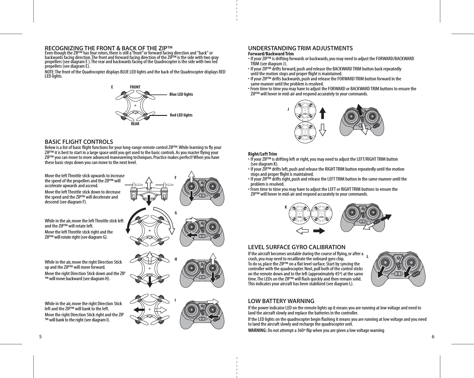 FGHIJKL5 6UNDERSTANDING TRIM ADJUSTMENTSForward/Backward Trim•  If your ZIP™ is drifting forwards or backwards, you may need to adjust the FORWARD/BACKWARD   TRIM (see diagram J). •  If your ZIP™ drifts forward, push and release the BACKWARD TRIM button back repeatedly      until the motion stops and proper flight is maintained. •  If your ZIP™ drifts backwards, push and release the FORWARD TRIM button forward in the      same manner until the problem is resolved.• From time to time you may have to adjust the FORWARD or BACKWARD TRIM buttons to ensure the   ZIP™ will hover in mid-air and respond accurately to your commands.Right/Left Trim•  If your ZIP™ is drifting left or right, you may need to adjust the LEFT/RIGHT TRIM button   (see diagram K). •  If your ZIP™ drifts left, push and release the RIGHT TRIM button repeatedly until the motion   stops and proper flight is maintained. •  If your ZIP™ drifts right, push and release the LEFT TRIM button in the same manner until the   problem is resolved.• From time to time you may have to adjust the LEFT or RIGHT TRIM buttons to ensure the   ZIP™ will hover in mid-air and respond accurately to your commands.LEVEL SURFACE GYRO CALIBRATIONIf the aircraft becomes unstable during the course of flying, or after a crash, you may need to recalibrate the onboard gyro chip.To do so, place the ZIP™ on a flat level surface. Start by syncing the controller with the quadrocopter. Next, pull both of the control sticks on the remote down and to the left (approximately 45º) at the same time. The LEDs on the ZIP™ will flash quickly and then remain solid. This indicates your aircraft has been stabilized (see diagram L).LOW BATTERY WARNINGIf the power indicator LED on the remote lights up it means you are running at low voltage and need to land the aircraft slowly and replace the batteries in the controller.If the LED lights on the quadrocopter begin flashing it means you are running at low voltage and you need to land the aircraft slowly and recharge the quadrocopter unit.WARNING: Do not attempt a 360º flip when you are given a low voltage warningBASIC FLIGHT CONTROLSBelow is a list of basic flight functions for your long-range remote control ZIP™. While learning to fly your ZIP™ it is best to start in a large space until you get used to the basic controls. As you master flying your ZIP™ you can move to more advanced maneuvering techniques. Practice makes perfect! When you have these basic steps down you can move to the next level.Move the left Throttle stick upwards to increase the speed of the propellers and the ZIP™ will accelerate upwards and ascend. Move the left Throttle stick down to decrease the speed and the ZIP™ will decelerate and descend (see diagram F).While in the air, move the left Throttle stick left and the ZIP™ will rotate left.Move the left Throttle stick right and the ZIP™ will rotate right (see diagram G).While in the air, move the right Direction Stick up and the ZIP™ will move forward.Move the right Direction Stick down and the ZIP™ will move backward (see diagram H).While in the air, move the right Direction Stick left and the ZIP™ will bank to the left.Move the right Direction Stick right and the ZIP™ will bank to the right (see diagram I).RECOGNIZING THE FRONT &amp; BACK OF THE ZIP™Even though the ZIP™ has four rotors, there is still a “front” or forward facing direction and &quot;back&quot; or backwards facing direction. The front and forward facing direction of the ZIP™ is the side with two gray propellers (see diagram E ). The rear and backwards facing of the Quadrocopter is the side with two red propellers (see diagram E). NOTE: The front of the Quadrocopter displays BLUE LED lights and the back of the Quadrocopter displays RED LED lights.E FRONTBlue LED lightsREARRed LED lights