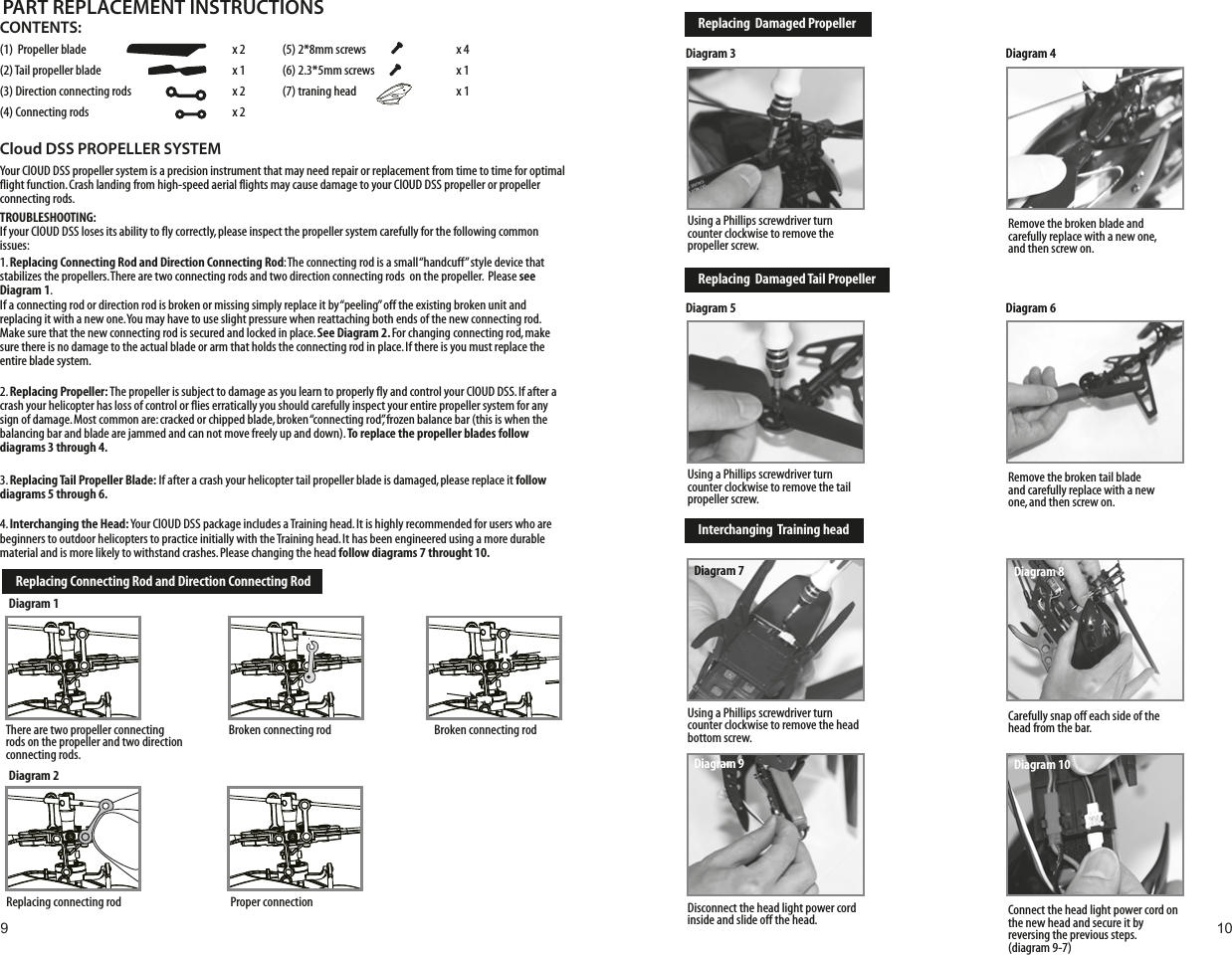 CONTENTS:(1)  Propeller blade                         x 2                (5) 2*8mm screws               x 4(2) Tail propeller blade                         x 1                (6) 2.3*5mm screws               x 1(3) Direction connecting rods                       x 2                (7) traning head                x 1(4) Connecting rods                          x 2                            Cloud DSS PROPELLER SYSTEMYour ClOUD DSS propeller system is a precision instrument that may need repair or replacement from time to time for optimal flight function. Crash landing from high-speed aerial flights may cause damage to your ClOUD DSS propeller or propeller connecting rods. TROUBLESHOOTING:If your ClOUD DSS loses its ability to fly correctly, please inspect the propeller system carefully for the following common issues:1. Replacing Connecting Rod and Direction Connecting Rod: The connecting rod is a small “handcuff” style device that stabilizes the propellers. There are two connecting rods and two direction connecting rods  on the propeller.  Please see Diagram 1. If a connecting rod or direction rod is broken or missing simply replace it by “peeling” off the existing broken unit and replacing it with a new one. You may have to use slight pressure when reattaching both ends of the new connecting rod. Make sure that the new connecting rod is secured and locked in place. See Diagram 2. For changing connecting rod, make sure there is no damage to the actual blade or arm that holds the connecting rod in place. If there is you must replace the entire blade system.2. Replacing Propeller: The propeller is subject to damage as you learn to properly fly and control your ClOUD DSS. If after a crash your helicopter has loss of control or flies erratically you should carefully inspect your entire propeller system for any sign of damage. Most common are: cracked or chipped blade, broken “connecting rod”, frozen balance bar (this is when the balancing bar and blade are jammed and can not move freely up and down). To replace the propeller blades follow diagrams 3 through 4.3. Replacing Tail Propeller Blade: If after a crash your helicopter tail propeller blade is damaged, please replace it follow diagrams 5 through 6.4. Interchanging the Head: Your ClOUD DSS package includes a Training head. It is highly recommended for users who are beginners to outdoor helicopters to practice initially with the Training head. It has been engineered using a more durable material and is more likely to withstand crashes. Please changing the head follow diagrams 7 throught 10. PART REPLACEMENT INSTRUCTIONSDiagram 1Diagram 2Replacing Connecting Rod and Direction Connecting RodReplacing  Damaged PropellerReplacing  Damaged Tail PropellerInterchanging  Training headBroken connecting rodThere are two propeller connecting rods on the propeller and two direction connecting rods.Diagram 3 Diagram 4Diagram 5 Diagram 6Broken connecting rodProper connectionReplacing connecting rodUsing a Phillips screwdriver turn counter clockwise to remove the propeller screw. Remove the broken blade and carefully replace with a new one, and then screw on.Using a Phillips screwdriver turn counter clockwise to remove the tail propeller screw. Remove the broken tail blade and carefully replace with a new one, and then screw on.Using a Phillips screwdriver turn counter clockwise to remove the head bottom screw. Carefully snap off each side of the head from the bar.Disconnect the head light power cord inside and slide off the head. Connect the head light power cord on the new head and secure it by reversing the previous steps.(diagram 9-7)Diagram 7 Diagram 8Diagram 9 Diagram 109 10