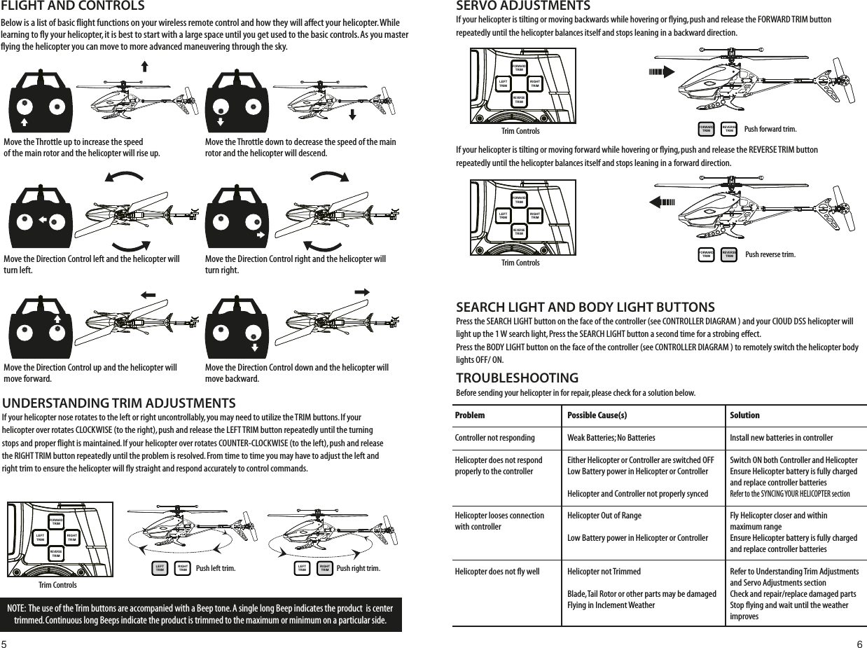 FLIGHT AND CONTROLSBelow is a list of basic flight functions on your wireless remote control and how they will affect your helicopter. While learning to fly your helicopter, it is best to start with a large space until you get used to the basic controls. As you master flying the helicopter you can move to more advanced maneuvering through the sky.NOTE:  The use of the Trim buttons are accompanied with a Beep tone. A single long Beep indicates the product  is center trimmed. Continuous long Beeps indicate the product is trimmed to the maximum or minimum on a particular side.Move the Throttle up to increase the speed of the main rotor and the helicopter will rise up.Move the Throttle down to decrease the speed of the main rotor and the helicopter will descend.Move the Direction Control left and the helicopter will turn left. Move the Direction Control right and the helicopter will turn right. Move the Direction Control up and the helicopter will move forward.Move the Direction Control down and the helicopter will move backward.UNDERSTANDING TRIM ADJUSTMENTSIf your helicopter nose rotates to the left or right uncontrollably, you may need to utilize the TRIM buttons. If your helicopter over rotates CLOCKWISE (to the right), push and release the LEFT TRIM button repeatedly until the turning stops and proper flight is maintained. If your helicopter over rotates COUNTER-CLOCKWISE (to the left), push and release the RIGHT TRIM button repeatedly until the problem is resolved. From time to time you may have to adjust the left and right trim to ensure the helicopter will fly straight and respond accurately to control commands. SERVO ADJUSTMENTSIf your helicopter is tilting or moving backwards while hovering or flying, push and release the FORWARD TRIM button repeatedly until the helicopter balances itself and stops leaning in a backward direction. If your helicopter is tilting or moving forward while hovering or flying, push and release the REVERSE TRIM button repeatedly until the helicopter balances itself and stops leaning in a forward direction.POWERONFORWARDTRIMLEFTTRIMRIGHTTRIMREVERSETRIMTrim ControlsPOWERONFORWARDTRIMSEARCHLIGHTBODYLIGHTLEFTTRIMRIGHTTRIMREVERSETRIMTrim ControlsPOWERONFORWARDTRIMSEARCHLIGHTBODYLIGHTLEFTTRIMRIGHTTRIMREVERSETRIMTrim ControlsLEFTTRIMRIGHTTRIMLEFTTRIMRIGHTTRIMPush left trim.FORWARDTRIMREVERSETRIMPush forward trim.FORWARDTRIMREVERSETRIMPush reverse trim.Push right trim.SEARCH LIGHT AND BODY LIGHT BUTTONSPress the SEARCH LIGHT button on the face of the controller (see CONTROLLER DIAGRAM ) and your ClOUD DSS helicopter will light up the 1 W search light, Press the SEARCH LIGHT button a second time for a strobing effect. Press the BODY LIGHT button on the face of the controller (see CONTROLLER DIAGRAM ) to remotely switch the helicopter body lights OFF/ ON.TROUBLESHOOTINGBefore sending your helicopter in for repair, please check for a solution below.ProblemController not respondingHelicopter does not respond properly to the controllerHelicopter looses connection with controllerHelicopter does not fly wellPossible Cause(s)Weak Batteries; No BatteriesEither Helicopter or Controller are switched OFFLow Battery power in Helicopter or ControllerHelicopter and Controller not properly syncedHelicopter Out of RangeLow Battery power in Helicopter or ControllerHelicopter not Trimmed Blade, Tail Rotor or other parts may be damagedFlying in Inclement WeatherSolutionInstall new batteries in controller Switch ON both Controller and HelicopterEnsure Helicopter battery is fully charged and replace controller batteriesRefer to the SYNCING YOUR HELICOPTER sectionFly Helicopter closer and within maximum rangeEnsure Helicopter battery is fully charged and replace controller batteriesRefer to Understanding Trim Adjustments and Servo Adjustments sectionCheck and repair/replace damaged partsStop flying and wait until the weather improves5 6