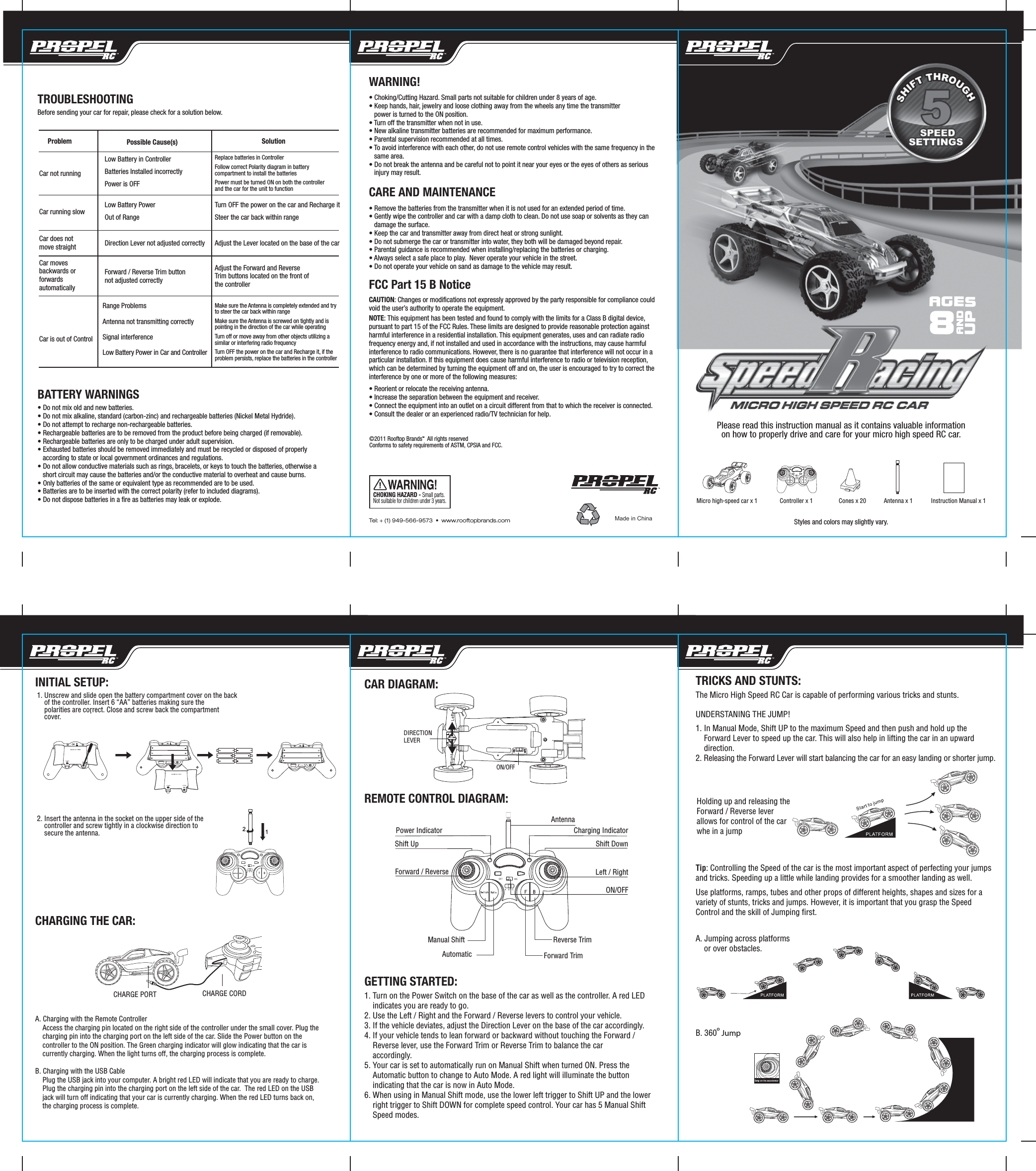 Styles and colors may slightly vary.Please read this instruction manual as it contains valuable informationon how to properly drive and care for your micro high speed RC car.AGES8ANDUPCHOKING HAZARD - Small parts. Not suitable for children under 3 years.©2011 Rooftop BrandsTM  All rights reservedConforms to safety requirements of ASTM, CPSIA and FCC.Made in ChinaTel: + (1) 949-566-9573  •  www.rooftopbrands.comWARNING!• Choking/Cutting Hazard. Small parts not suitable for children under 8 years of age.• Keep hands, hair, jewelry and loose clothing away from the wheels any time the transmitter     power is turned to the ON position.• Turn off the transmitter when not in use.• New alkaline transmitter batteries are recommended for maximum performance.• Parental supervision recommended at all times.• To avoid interference with each other, do not use remote control vehicles with the same frequency in the    same area.• Do not break the antenna and be careful not to point it near your eyes or the eyes of others as serious    injury may result.CARE AND MAINTENANCE• Remove the batteries from the transmitter when it is not used for an extended period of time.• Gently wipe the controller and car with a damp cloth to clean. Do not use soap or solvents as they can    damage the surface.• Keep the car and transmitter away from direct heat or strong sunlight.• Do not submerge the car or transmitter into water, they both will be damaged beyond repair.• Parental guidance is recommended when installing/replacing the batteries or charging.• Always select a safe place to play.  Never operate your vehicle in the street.• Do not operate your vehicle on sand as damage to the vehicle may result.FCC Part 15 B NoticeCAUTION: Changes or modifications not expressly approved by the party responsible for compliance could void the user’s authority to operate the equipment.NOTE: This equipment has been tested and found to comply with the limits for a Class B digital device, pursuant to part 15 of the FCC Rules. These limits are designed to provide reasonable protection against harmful interference in a residential installation. This equipment generates, uses and can radiate radio frequency energy and, if not installed and used in accordance with the instructions, may cause harmful interference to radio communications. However, there is no guarantee that interference will not occur in a particular installation. If this equipment does cause harmful interference to radio or television reception, which can be determined by turning the equipment off and on, the user is encouraged to try to correct the interference by one or more of the following measures:• Reorient or relocate the receiving antenna.• Increase the separation between the equipment and receiver.• Connect the equipment into an outlet on a circuit different from that to which the receiver is connected.• Consult the dealer or an experienced radio/TV technician for help.BATTERY WARNINGS• Do not mix old and new batteries.• Do not mix alkaline, standard (carbon-zinc) and rechargeable batteries (Nickel Metal Hydride).• Do not attempt to recharge non-rechargeable batteries.• Rechargeable batteries are to be removed from the product before being charged (if removable).• Rechargeable batteries are only to be charged under adult supervision.• Exhausted batteries should be removed immediately and must be recycled or disposed of properly     according to state or local government ordinances and regulations.• Do not allow conductive materials such as rings, bracelets, or keys to touch the batteries, otherwise a    short circuit may cause the batteries and/or the conductive material to overheat and cause burns.• Only batteries of the same or equivalent type as recommended are to be used.• Batteries are to be inserted with the correct polarity (refer to included diagrams).• Do not dispose batteries in a fire as batteries may leak or explode.INITIAL SETUP:CHARGING THE CAR:CAR DIAGRAM:REMOTE CONTROL DIAGRAM:GETTING STARTED:Micro high-speed car x 1 Controller x 1 Cones x 20 Antenna x 1 Instruction Manual x 11. Turn on the Power Switch on the base of the car as well as the controller. A red LED     indicates you are ready to go. 2. Use the Left / Right and the Forward / Reverse levers to control your vehicle. 3. If the vehicle deviates, adjust the Direction Lever on the base of the car accordingly. 4. If your vehicle tends to lean forward or backward without touching the Forward /     Reverse lever, use the Forward Trim or Reverse Trim to balance the car     accordingly. 5. Your car is set to automatically run on Manual Shift when turned ON. Press the     Automatic button to change to Auto Mode. A red light will illuminate the button     indicating that the car is now in Auto Mode.  6. When using in Manual Shift mode, use the lower left trigger to Shift UP and the lower     right trigger to Shift DOWN for complete speed control. Your car has 5 Manual Shift     Speed modes. TRICKS AND STUNTS:The Micro High Speed RC Car is capable of performing various tricks and stunts. UNDERSTANING THE JUMP!1. In Manual Mode, Shift UP to the maximum Speed and then push and hold up the     Forward Lever to speed up the car. This will also help in lifting the car in an upward     direction. 2. Releasing the Forward Lever will start balancing the car for an easy landing or shorter jump.A. Jumping across platforms     or over obstacles.Holding up and releasing the Forward / Reverse lever allows for control of the car whe in a jump B. 360º JumpTip: Controlling the Speed of the car is the most important aspect of perfecting your jumps and tricks. Speeding up a little while landing provides for a smoother landing as well. Use platforms, ramps, tubes and other props of different heights, shapes and sizes for a variety of stunts, tricks and jumps. However, it is important that you grasp the Speed Control and the skill of Jumping first. A. Charging with the Remote Controller    Access the charging pin located on the right side of the controller under the small cover. Plug the     charging pin into the charging port on the left side of the car. Slide the Power button on the     controller to the ON position. The Green charging indicator will glow indicating that the car is     currently charging. When the light turns off, the charging process is complete. B. Charging with the USB Cable     Plug the USB jack into your computer. A bright red LED will indicate that you are ready to charge.     Plug the charging pin into the charging port on the left side of the car.  The red LED on the USB     jack will turn off indicating that your car is currently charging. When the red LED turns back on,     the charging process is complete.  1. Unscrew and slide open the battery compartment cover on the back      of the controller. Insert 6 “AA” batteries making sure the      polarities are correct. Close and screw back the compartment      cover.  2. Insert the antenna in the socket on the upper side of the      controller and screw tightly in a clockwise direction to      secure the antenna. CHARGE PORT CHARGE CORDDIRECTIONLEVERAntennaPower Indicator  Charging IndicatorShift DownShift Up ON/OFFON/OFFLeft / RightForward / ReverseManual ShiftAutomatic Forward TrimReverse TrimTROUBLESHOOTINGBefore sending your car for repair, please check for a solution below.Possible Cause(s) SolutionProblemCar not runningCar running slowCar does not move straightCar moves backwards or forwards automaticallyCar is out of ControlLow Battery in ControllerBatteries Installed incorrectlyPower is OFFLow Battery PowerOut of RangeDirection Lever not adjusted correctlyForward / Reverse Trim button not adjusted correctlyRange ProblemsAntenna not transmitting correctlySignal interferenceLow Battery Power in Car and ControllerReplace batteries in ControllerFollow correct Polarity diagram in battery compartment to install the batteriesPower must be turned ON on both the controller and the car for the unit to functionTurn OFF the power on the car and Recharge it Steer the car back within rangeAdjust the Lever located on the base of the car Adjust the Forward and Reverse Trim buttons located on the front of the controllerMake sure the Antenna is completely extended and try to steer the car back within rangeMake sure the Antenna is screwed on tightly and is pointing in the direction of the car while operatingTurn off or move away from other objects utilizing a similar or interfering radio frequencyTurn OFF the power on the car and Recharge it, if the problem persists, replace the batteries in the controller