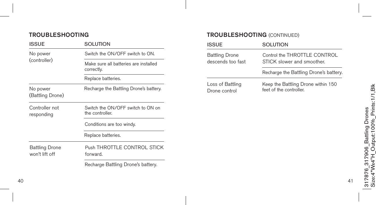 4140317876_317906_Battling DronesSize:4”Wx4&quot;H_Output:100%_Prints:1/1,Blk TROUBLESHOOTING (CONTINUED)ISSUE            SOLUTIONLoss of Battling Drone controlBattling Drone descends too fastControl the THROTTLE CONTROL STICK slower and smoother.Recharge the Battling Drone’s battery.Keep the Battling Drone within 150 feet of the controller.ISSUE            SOLUTIONNo power (controller)Switch the ON/OFF switch to ON. TROUBLESHOOTINGMake sure all batteries are installed          correctly.Replace batteries.No power  (Battling Drone)Recharge the Battling Drone’s battery.Controller not respondingSwitch the ON/OFF switch to ON on the controller.Conditions are too windy.Replace batteries. Battling Drone  won’t lift offPush THROTTLE CONTROL STICK forward.Recharge Battling Drone’s battery.
