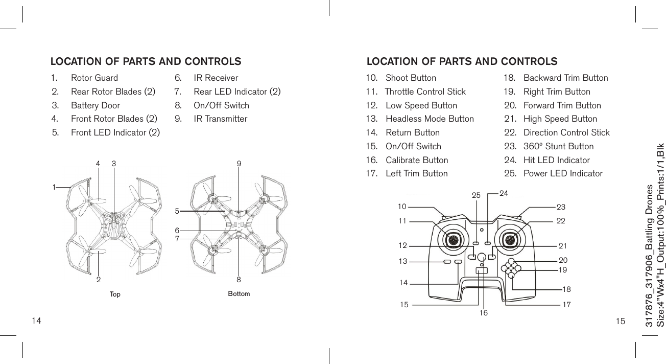 10.  Shoot Button11.  Throttle Control Stick12.  Low Speed Button 13.  Headless Mode Button14.  Return Button15.  On/Off Switch16.  Calibrate Button 17.  Left Trim Button18.  Backward Trim Button19.  Right Trim Button20.  Forward Trim Button21.  High Speed Button22.  Direction Control Stick23.  360º Stunt Button24.  Hit LED Indicator25.  Power LED Indicator14 15LOCATION OF PARTS AND CONTROLS1.  Rotor Guard2.  Rear Rotor Blades (2)3.  Battery Door4.  Front Rotor Blades (2)5.  Front LED Indicator (2)6.  IR Receiver7.  Rear LED Indicator (2)8.  On/Off Switch9.  IR Transmitter LOCATION OF PARTS AND CONTROLS317876_317906_Battling DronesSize:4”Wx4&quot;H_Output:100%_Prints:1/1,Blk 987654321Top Bottom12131117161819141520212210 232425