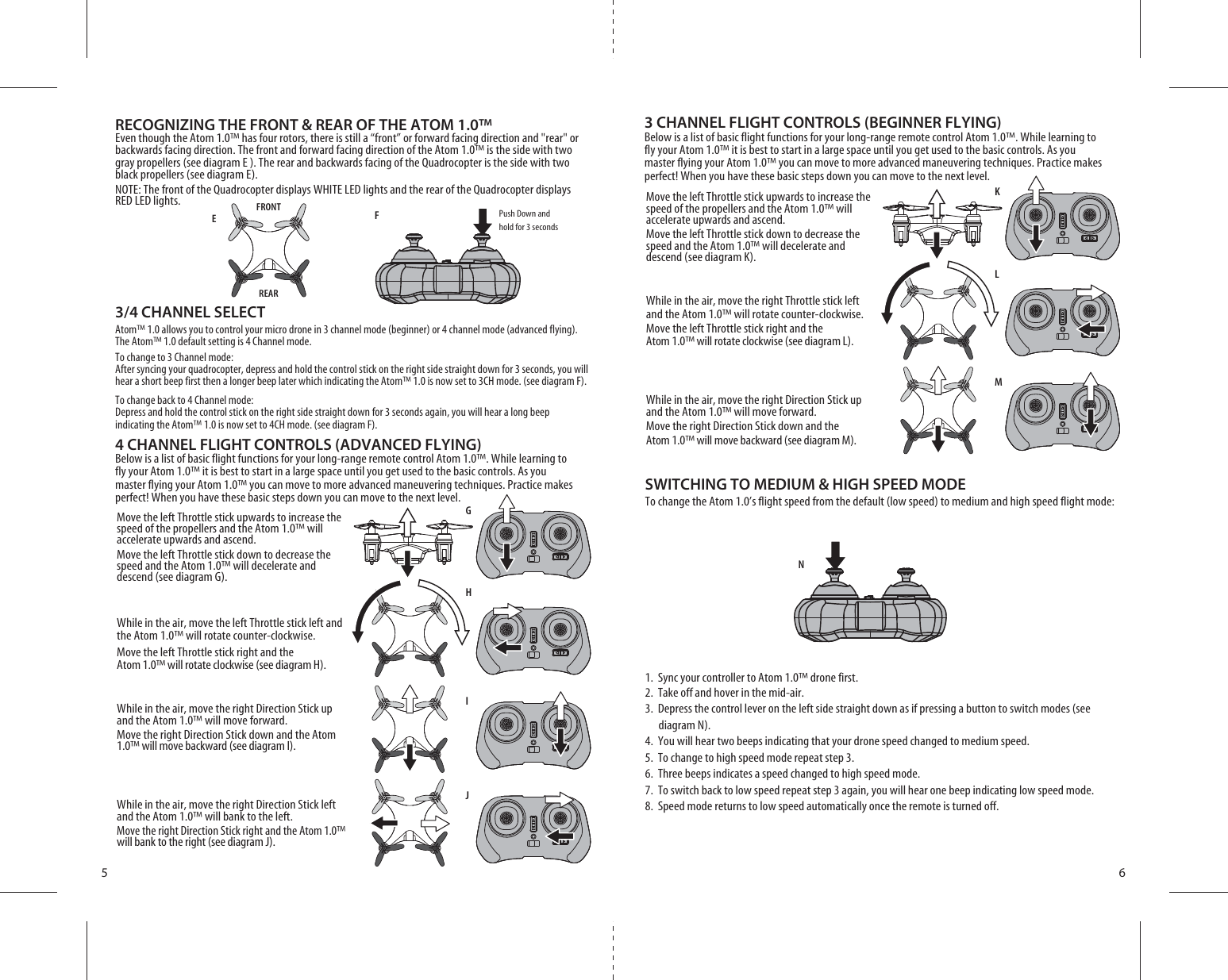 GHIJN5 64 CHANNEL FLIGHT CONTROLS (ADVANCED FLYING)Below is a list of basic flight functions for your long-range remote control Atom 1.0™. While learning to fly your Atom 1.0™ it is best to start in a large space until you get used to the basic controls. As you master flying your Atom 1.0™ you can move to more advanced maneuvering techniques. Practice makes PERFECT7HENYOUHAVETHESEBASICSTEPSDOWNYOUCANMOVETOTHENEXTLEVELMove the left Throttle stick upwards to increase the speed of the propellers and the Atom 1.0™ will accelerate upwards and ascend. Move the left Throttle stick down to decrease the speed and the Atom 1.0™ will decelerate and descend (see diagram G).While in the air, move the left Throttle stick left and the Atom 1.0™ will rotate counter-clockwise.Move the left Throttle stick right and the Atom 1.0™ will rotate clockwise (see diagram H).While in the air, move the right Direction Stick up and the Atom 1.0™ will move forward.Move the right Direction Stick down and the Atom 1.0™ will move backward (see diagram I).While in the air, move the right Direction Stick left and the Atom 1.0™ will bank to the left.Move the right Direction Stick right and the Atom 1.0™ will bank to the right (see diagram J).SWITCHING TO MEDIUM &amp; HIGH SPEED MODETo change the Atom 1.0’s flight speed from the default (low speed) to medium and high speed flight mode:1.  Sync your controller to Atom 1.0™ drone first.2.  Take off and hover in the mid-air.3.  Depress the control lever on the left side straight down as if pressing a button to switch modes (see        diagram N).4.  You will hear two beeps indicating that your drone speed changed to medium speed.5.  To change to high speed mode repeat step 3.6.  Three beeps indicates a speed changed to high speed mode.7.  To switch back to low speed repeat step 3 again, you will hear one beep indicating low speed mode.8.  Speed mode returns to low speed automatically once the remote is turned off. RECOGNIZING THE FRONT &amp; REAR OF THE ATOM 1.0™Even though the Atom 1.0™ has four rotors, there is still a “front” or forward facing direction and &quot;rear&quot; or backwards facing direction. The front and forward facing direction of the Atom 1.0™ is the side with two gray propellers (see diagram E ). The rear and backwards facing of the Quadrocopter is the side with two black propellers (see diagram E). NOTE: The front of the Quadrocopter displays WHITE LED lights and the rear of the Quadrocopter displays RED LED lights.EFRONTREARKLM3 CHANNEL FLIGHT CONTROLS (BEGINNER FLYING)Below is a list of basic flight functions for your long-range remote control Atom 1.0™. While learning to fly your Atom 1.0™ it is best to start in a large space until you get used to the basic controls. As you master flying your Atom 1.0™ you can move to more advanced maneuvering techniques. Practice makes PERFECT7HENYOUHAVETHESEBASICSTEPSDOWNYOUCANMOVETOTHENEXTLEVELMove the left Throttle stick upwards to increase the speed of the propellers and the Atom 1.0™ will accelerate upwards and ascend. Move the left Throttle stick down to decrease the speed and the Atom 1.0™ will decelerate and descend (see diagram K).While in the air, move the right Throttle stick left and the Atom 1.0™ will rotate counter-clockwise.Move the left Throttle stick right and the Atom 1.0™ will rotate clockwise (see diagram L).While in the air, move the right Direction Stick up and the Atom 1.0™ will move forward.Move the right Direction Stick down and the Atom 1.0™ will move backward (see diagram M).3/4 CHANNEL SELECTAtom™ 1.0 allows you to control your micro drone in 3 channel mode (beginner) or 4 channel mode (advanced flying). The Atom™ 1.0 default setting is 4 Channel mode. To change to 3 Channel mode: After syncing your quadrocopter, depress and hold the control stick on the right side straight down for 3 seconds, you will hear a short beep first then a longer beep later which indicating the Atom™ 1.0 is now set to 3CH mode. (see diagram F).To change back to 4 Channel mode: Depress and hold the control stick on the right side straight down for 3 seconds again, you will hear a long beep indicating the Atom™ 1.0 is now set to 4CH mode. (see diagram F).FPush Down and hold for 3 seconds