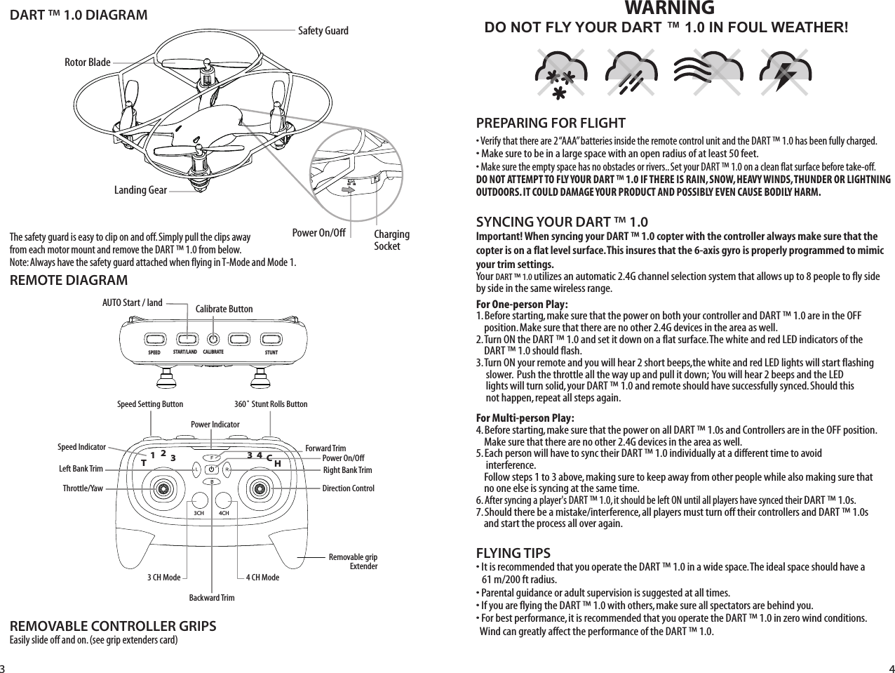 DART ™ 1.0 DIAGRAMREMOTE DIAGRAMLanding GearSafety GuardRotor BladeFLYING TIPS• It is recommended that you operate the DART ™ 1.0 in a wide space. The ideal space should have a    61 m/200 ft radius. • Parental guidance or adult supervision is suggested at all times.• If you are flying the DART ™ 1.0 with others, make sure all spectators are behind you.• For best performance, it is recommended that you operate the DART ™ 1.0 in zero wind conditions.     Wind can greatly affect the performance of the DART ™ 1.0.Important! When syncing your DART ™ 1.0 copter with the controller always make sure that the copter is on a flat level surface. This insures that the 6-axis gyro is properly programmed to mimic your trim settings.Your DART ™ 1.0 utilizes an automatic 2.4G channel selection system that allows up to 8 people to fly side by side in the same wireless range.For One-person Play:1. Before starting, make sure that the power on both your controller and DART ™ 1.0 are in the OFF     position. Make sure that there are no other 2.4G devices in the area as well. 2. Turn ON the DART ™ 1.0 and set it down on a flat surface. The white and red LED indicators of the     DART ™ 1.0 should flash.3. Turn ON your remote and you will hear 2 short beeps,the white and red LED lights will start flashing      slower.  Push the throttle all the way up and pull it down;  You will hear 2 beeps and the LED      lights will turn solid, your DART ™ 1.0 and remote should have successfully synced. Should this      not happen, repeat all steps again. For Multi-person Play: 4. Before starting, make sure that the power on all DART ™ 1.0s and Controllers are in the OFF position.        Make sure that there are no other 2.4G devices in the area as well.5. Each person will have to sync their DART ™ 1.0 individually at a different time to avoid        interference.     Follow steps 1 to 3 above, making sure to keep away from other people while also making sure that     no one else is syncing at the same time. 6. After syncing a player&apos;s DART ™ 1.0, it should be left ON until all players have synced their DART ™ 1.0s. 7. Should there be a mistake/interference, all players must turn off their controllers and DART ™ 1.0s     and start the process all over again. SYNCING YOUR DART ™ 1.0Power On/Off Charging SocketDO NOT FLY YOUR DART ™ 1.0 IN FOUL WEATHER!WARNING• Verify that there are 2 “AAA” batteries inside the remote control unit and the DART ™ 1.0 has been fully charged.• Make sure to be in a large space with an open radius of at least 50 feet. • Make sure the empty space has no obstacles or rivers.. Set your DART ™ 1.0 on a clean flat surface before take-off.DO NOT ATTEMPT TO FLY YOUR DART ™ 1.0 IF THERE IS RAIN, SNOW, HEAVY WINDS, THUNDER OR LIGHTNING OUTDOORS. IT COULD DAMAGE YOUR PRODUCT AND POSSIBLY EVEN CAUSE BODILY HARM. PREPARING FOR FLIGHT REMOVABLE CONTROLLER GRIPSEasily slide off and on. (see grip extenders card)The safety guard is easy to clip on and off. Simply pull the clips away from each motor mount and remove the DART ™ 1.0 from below.Note: Always have the safety guard attached when flying in T-Mode and Mode 1.3 4 OFF    ON          Speed Setting Button AUTO Start / land  Calibrate Button Speed IndicatorThrottle/Yaw360˚ Stunt Rolls ButtonDirection ControlPower On/Off4CH3CH4 CH ModeRemovable gripExtender3 CH ModeLeft Bank Trim Right Bank TrimForward TrimPower IndicatorBackward Trim12CALIBRATE STUNTSTART/LANDSPEEDTH34C3