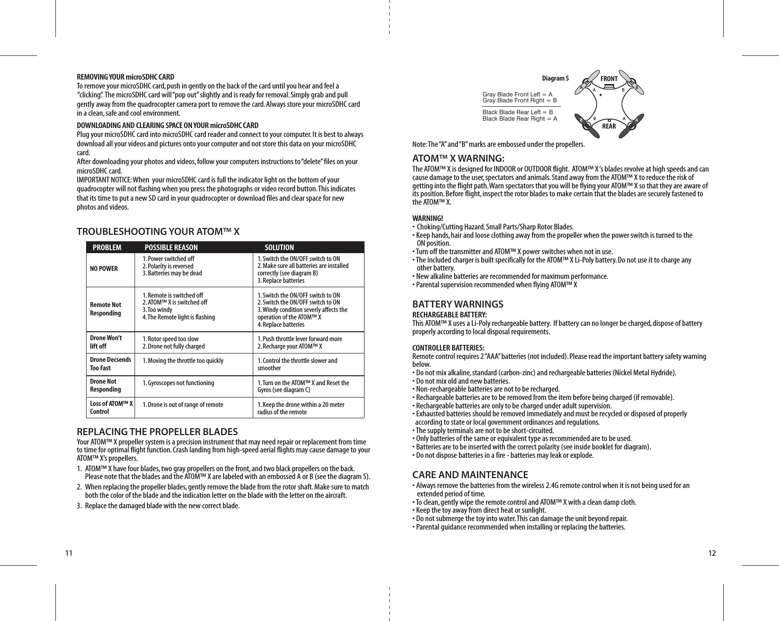AAABBBBAATOM™ X WARNING:The ATOM™ X is designed for INDOOR or OUTDOOR flight.  ATOM™ X ‘s blades revolve at high speeds and can cause damage to the user, spectators and animals. Stand away from the ATOM™ X to reduce the risk of getting into the flight path. Warn spectators that you will be flying your ATOM™ X so that they are aware of its position. Before flight, inspect the rotor blades to make certain that the blades are securely fastened to the ATOM™ X.WARNING!• Choking/Cutting Hazard. Small Parts/Sharp Rotor Blades.• Keep hands, hair and loose clothing away from the propeller when the power switch is turned to the   ON position.• Turn off the transmitter and ATOM™ X power switches when not in use.• The included charger is built specifically for the ATOM™ X Li-Poly battery. Do not use it to charge any   other battery.• New alkaline batteries are recommended for maximum performance.• Parental supervision recommended when flying ATOM™ XBATTERY WARNINGSRECHARGEABLE BATTERY:This ATOM™ X uses a Li-Poly rechargeable battery.  If battery can no longer be charged, dispose of battery properly according to local disposal requirements.CONTROLLER BATTERIES:Remote control requires 2 “AAA” batteries (not included). Please read the important battery safety warning below.• Do not mix alkaline, standard (carbon-zinc) and rechargeable batteries (Nickel Metal Hydride).• Do not mix old and new batteries.• Non-rechargeable batteries are not to be recharged.• Rechargeable batteries are to be removed from the item before being charged (if removable).• Rechargeable batteries are only to be charged under adult supervision.• Exhausted batteries should be removed immediately and must be recycled or disposed of properly   according to state or local government ordinances and regulations.• The supply terminals are not to be short-circuited.• Only batteries of the same or equivalent type as recommended are to be used.• Batteries are to be inserted with the correct polarity (see inside booklet for diagram).• Do not dispose batteries in a fire - batteries may leak or explode.CARE AND MAINTENANCE• Always remove the batteries from the wireless 2.4G remote control when it is not being used for an   extended period of time.• To clean, gently wipe the remote control and ATOM™ X with a clean damp cloth.• Keep the toy away from direct heat or sunlight.• Do not submerge the toy into water. This can damage the unit beyond repair.• Parental guidance recommended when installing or replacing the batteries.  PROBLEM  POSSIBLE REASON  SOLUTIONTROUBLESHOOTING YOUR ATOM™ XREPLACING THE PROPELLER BLADESYour ATOM™ X propeller system is a precision instrument that may need repair or replacement from time to time for optimal flight function. Crash landing from high-speed aerial flights may cause damage to your ATOM™ X’s propellers.1.  ATOM™ X have four blades, two gray propellers on the front, and two black propellers on the back.       Please note that the blades and the ATOM™ X are labeled with an embossed A or B (see the diagram S).2.  When replacing the propeller blades, gently remove the blade from the rotor shaft. Make sure to match     both the color of the blade and the indication letter on the blade with the letter on the aircraft. 3.  Replace the damaged blade with the new correct blade.   FRONTREARDiagram SGray Blade Front Left = AGray Blade Front Right = BBlack Blade Rear Left = BBlack Blade Rear Right = A1. Power switched off2. Polarity is reversed3. Batteries may be dead1. Remote is switched off 2. ATOM™ X is switched off3. Too windy4. The Remote light is flashing1. Rotor speed too slow2. Drone not fully charged 1. Moving the throttle too quickly1. Gyroscopes not functioning1. Drone is out of range of remote 1. Switch the ON/OFF switch to ON2. Make sure all batteries are installed correctly (see diagram B) 3. Replace batteries1. Switch the ON/OFF switch to ON2. Switch the ON/OFF switch to ON3. Windy condition severly affects theoperation of the ATOM™ X4. Replace batteries 1. Push throttle lever forward more2. Recharge your ATOM™ X1. Control the throttle slower and    smoother1. Turn on the ATOM™ X and Reset the Gyros (see diagram C)1. Keep the drone within a 20 meter radius of the remoteNO POWERRemote NotRespondingDrone Won’t lift offDrone DecsendsToo FastDrone NotRespondingLoss of ATOM™ XControlNote: The “A” and “B” marks are embossed under the propellers.11 12REMOVING YOUR microSDHC CARDTo remove your microSDHC card, push in gently on the back of the card until you hear and feel a “clicking”.  The microSDHC card will “pop out” slightly and is ready for removal. Simply grab and pull gently away from the quadrocopter camera port to remove the card. Always store your microSDHC card in a clean, safe and cool environment.DOWNLOADING AND CLEARING SPACE ON YOUR microSDHC CARDPlug your microSDHC card into microSDHC card reader and connect to your computer. It is best to always download all your videos and pictures onto your computer and not store this data on your microSDHC card. After downloading your photos and videos, follow your computers instructions to “delete” files on your microSDHC card.IMPORTANT NOTICE: When  your microSDHC card is full the indicator light on the bottom of your quadrocopter will not flashing when you press the photographs or video record button. This indicates that its time to put a new SD card in your quadrocopter or download files and clear space for new photos and videos.