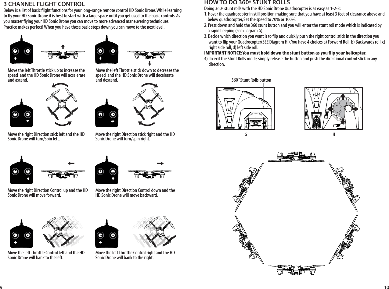 HOW TO DO 360º STUNT ROLLSDoing 360º stunt rolls with the HD Sonic Drone Quadrocopter is as easy as 1-2-3:1. Hover the quadrocopter in still position making sure that you have at least 3 feet of clearance above and      below quadrocopter, Set the speed to 70% or 100%.2. Press down and hold the 360 stunt button and you will enter the stunt roll mode which is indicated by      a rapid beeping (see diagram G).3. Decide which direction you want it to flip and quickly push the right control stick in the direction you       want to flip your Quadrocopter(SEE Diagram H ). You have 4 choices a) Forward Roll, b) Backwards roll, c)       right side roll, d) left side roll.IMPORTANT NOTICE: You must hold down the stunt button as you flip your helicopter. 4). To exit the Stunt Rolls mode, simply release the button and push the directional control stick in any       direction. 3 CHANNEL FLIGHT CONTROL Below is a list of basic flight functions for your long-range remote control HD Sonic Drone. While learning to fly your HD Sonic Drone it is best to start with a large space until you get used to the basic controls. As you master flying your HD Sonic Drone you can move to more advanced maneuvering techniques. Practice makes perfect! When you have these basic steps down you can move to the next level.G9 10360˚Stunt Rolls buttonHMove the left Throttle stick up to increase the speed  and the HD Sonic Drone will accelerate and ascend.Move the left Throttle stick down to decrease the speed  and the HD Sonic Drone will decelerate and descend.Move the right Direction stick left and the HD Sonic Drone will turn/spin left. Move the right Direction stick right and the HD Sonic Drone will turn/spin right.Move the right Direction Control up and the HD Sonic Drone will move forward.Move the right Direction Control down and the HD Sonic Drone will move backward.Move the left Throttle Control left and the HD Sonic Drone will bank to the left.Move the left Throttle Control right and the HD Sonic Drone will bank to the right.