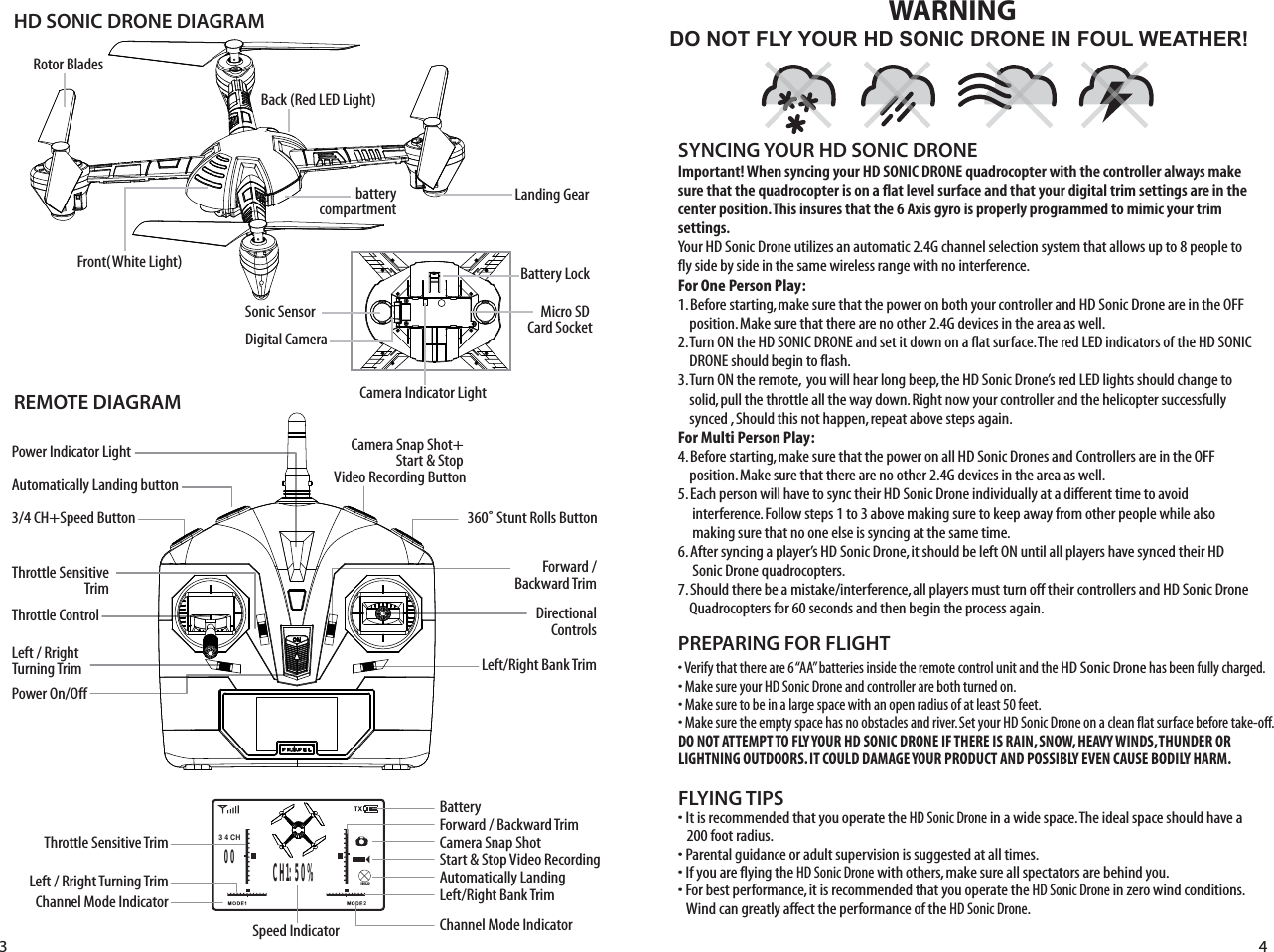HD SONIC DRONE DIAGRAMREMOTE DIAGRAMFLYING TIPS• It is recommended that you operate the HD Sonic Drone in a wide space. The ideal space should have a    200 foot radius. • Parental guidance or adult supervision is suggested at all times.• If you are flying the HD Sonic Drone with others, make sure all spectators are behind you.• For best performance, it is recommended that you operate the HD Sonic Drone in zero wind conditions.     Wind can greatly affect the performance of the HD Sonic Drone.Important! When syncing your HD SONIC DRONE quadrocopter with the controller always make sure that the quadrocopter is on a flat level surface and that your digital trim settings are in the center position. This insures that the 6 Axis gyro is properly programmed to mimic your trim settings. Your HD Sonic Drone utilizes an automatic 2.4G channel selection system that allows up to 8 people to fly side by side in the same wireless range with no interference.For One Person Play:1. Before starting, make sure that the power on both your controller and HD Sonic Drone are in the OFF      position. Make sure that there are no other 2.4G devices in the area as well. 2. Turn ON the HD SONIC DRONE and set it down on a flat surface. The red LED indicators of the HD SONIC     DRONE should begin to flash.3. Turn ON the remote,  you will hear long beep, the HD Sonic Drone’s red LED lights should change to         solid, pull the throttle all the way down. Right now your controller and the helicopter successfully      synced , Should this not happen, repeat above steps again. For Multi Person Play: 4. Before starting, make sure that the power on all HD Sonic Drones and Controllers are in the OFF     position. Make sure that there are no other 2.4G devices in the area as well.5. Each person will have to sync their HD Sonic Drone individually at a different time to avoid      interference. Follow steps 1 to 3 above making sure to keep away from other people while also      making sure that no one else is syncing at the same time. 6. After syncing a player’s HD Sonic Drone, it should be left ON until all players have synced their HD      Sonic Drone quadrocopters. 7. Should there be a mistake/interference, all players must turn off their controllers and HD Sonic Drone       Quadrocopters for 60 seconds and then begin the process again. SYNCING YOUR HD SONIC DRONEBattery LockSonic SensorPower Indicator LightThrottle Control Throttle SensitiveTrimAutomatically Landing buttonForward /Backward TrimDirectionalControlsPower On/OffLeft / Rright Turning Trim Left/Right Bank TrimLeft/Right Bank TrimDO NOT FLY YOUR HD SONIC DRONE IN FOUL WEATHER!WARNING• Verify that there are 6 “AA” batteries inside the remote control unit and the HD Sonic Drone has been fully charged.• Make sure your HD Sonic Drone and controller are both turned on. • Make sure to be in a large space with an open radius of at least 50 feet. • Make sure the empty space has no obstacles and river. Set your HD Sonic Drone on a clean flat surface before take-off.DO NOT ATTEMPT TO FLY YOUR HD SONIC DRONE IF THERE IS RAIN, SNOW, HEAVY WINDS, THUNDER OR LIGHTNING OUTDOORS. IT COULD DAMAGE YOUR PRODUCT AND POSSIBLY EVEN CAUSE BODILY HARM.PREPARING FOR FLIGHT 3 4Rotor Blades Front(White Light)Back (Red LED Light)Landing GearDigital Camera Camera Snap Shot+ Start &amp; Stop Video Recording Button3/4 CH+Speed Button 360˚ Stunt Rolls ButtonBatteryCamera Snap ShotStart &amp; Stop Video RecordingAutomatically LandingChannel Mode IndicatorSpeed IndicatorChannel Mode IndicatorLeft / Rright Turning TrimThrottle Sensitive TrimCamera Indicator LightMicro SD Card SocketbatterycompartmentCH1: 50%3 4 CH200HOLDForward / Backward Trim
