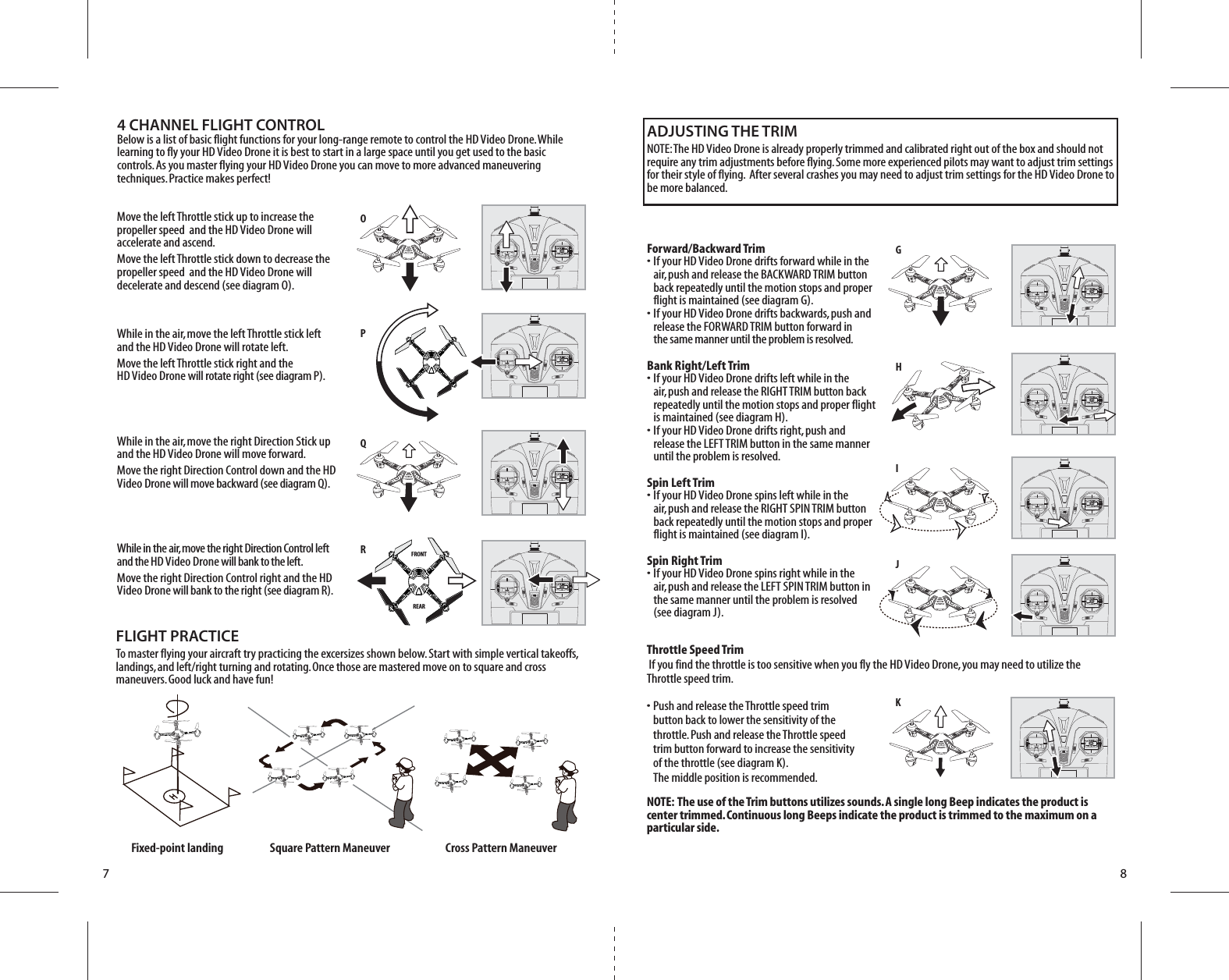 7 8GHIJKOPQR4 CHANNEL FLIGHT CONTROLBelow is a list of basic flight functions for your long-range remote to control the HD Video Drone. While learning to fly your HD Video Drone it is best to start in a large space until you get used to the basic controls. As you master flying your HD Video Drone you can move to more advanced maneuvering techniques. Practice makes perfect! Move the left Throttle stick up to increase the propeller speed  and the HD Video Drone will accelerate and ascend. Move the left Throttle stick down to decrease the propeller speed  and the HD Video Drone will decelerate and descend (see diagram O).While in the air, move the left Throttle stick left and the HD Video Drone will rotate left.Move the left Throttle stick right and the HD Video Drone will rotate right (see diagram P).While in the air, move the right Direction Stick up and the HD Video Drone will move forward.Move the right Direction Control down and the HD Video Drone will move backward (see diagram Q).While in the air, move the right Direction Control left and the HD Video Drone will bank to the left.Move the right Direction Control right and the HD Video Drone will bank to the right (see diagram R).FRONTREARThrottle Speed Trim�If you find the throttle is too sensitive when you fly the HD Video Drone, you may need to utilize the Throttle speed trim.• Push and release the Throttle speed trim   button back to lower the sensitivity of the   throttle. Push and release the Throttle speed   trim button forward to increase the sensitivity   of the throttle (see diagram K).   The middle position is recommended.Forward/Backward Trim•  If your HD Video Drone drifts forward while in the   air, push and release the BACKWARD TRIM button   back repeatedly until the motion stops and proper   flight is maintained (see diagram G). •  If your HD Video Drone drifts backwards, push and   release the FORWARD TRIM button forward in  the same manner until the problem is resolved.Bank Right/Left Trim•  If your HD Video Drone drifts left while in the   air, push and release the RIGHT TRIM button back   repeatedly until the motion stops and proper flight   is maintained (see diagram H). •  If your HD Video Drone drifts right, push and   release the LEFT TRIM button in the same manner   until the problem is resolved.Spin Left Trim•  If your HD Video Drone spins left while in the   air, push and release the RIGHT SPIN TRIM button   back repeatedly until the motion stops and proper   flight is maintained (see diagram I). Spin Right Trim•  If your HD Video Drone spins right while in the   air, push and release the LEFT SPIN TRIM button in   the same manner until the problem is resolved   (see diagram J).ADJUSTING THE TRIMNOTE: The HD Video Drone is already properly trimmed and calibrated right out of the box and should not require any trim adjustments before flying. Some more experienced pilots may want to adjust trim settings for their style of flying.  After several crashes you may need to adjust trim settings for the HD Video Drone to be more balanced. NOTE:  The use of the Trim buttons utilizes sounds. A single long Beep indicates the product is center trimmed. Continuous long Beeps indicate the product is trimmed to the maximum on a particular side.Fixed-point landing Square Pattern Maneuver Cross Pattern ManeuverFLIGHT PRACTICETo master flying your aircraft try practicing the excersizes shown below. Start with simple vertical takeoffs, landings, and left/right turning and rotating. Once those are mastered move on to square and cross maneuvers. Good luck and have fun!