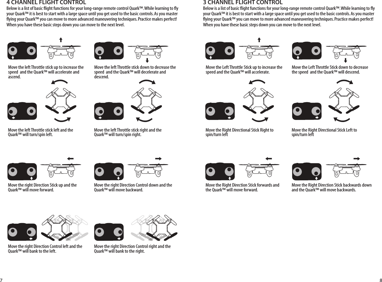 7 84 CHANNEL FLIGHT CONTROLBelow is a list of basic flight functions for your long-range remote control Quark™. While learning to fly your Quark™ it is best to start with a large space until you get used to the basic controls. As you master flying your Quark™ you can move to more advanced maneuvering techniques. Practice makes perfect! When you have these basic steps down you can move to the next level.Move the left Throttle stick up to increase the speed  and the Quark™ will accelerate and ascend.Move the left Throttle stick down to decrease the speed  and the Quark™ will decelerate and descend.Move the left Throttle stick left and the Quark™ will turn/spin left. Move the left Throttle stick right and the Quark™ will turn/spin right.Move the right Direction Stick up and the Quark™ will move forward.Move the right Direction Control down and the Quark™ will move backward.3 CHANNEL FLIGHT CONTROL Below is a list of basic flight functions for your long-range remote control Quark™. While learning to fly your Quark™ it is best to start with a large space until you get used to the basic controls. As you master flying your Quark™ you can move to more advanced maneuvering techniques. Practice makes perfect! When you have these basic steps down you can move to the next level.Move the right Direction Control left and the Quark™ will bank to the left.Move the right Direction Control right and the Quark™ will bank to the right.Move the Left Throttle Stick up to increase the speed and the Quark™ will accelerate. Move the Left Throttle Stick down to decrease the speed  and the Quark™ will descend.Move the Right Directional Stick Right to spin/turn leftMove the Right Directional Stick Left to spin/turn leftMove the Right Direction Stick forwards and the Quark™ will move forward.Move the Right Direction Stick backwards down and the Quark™ will move backwards. 