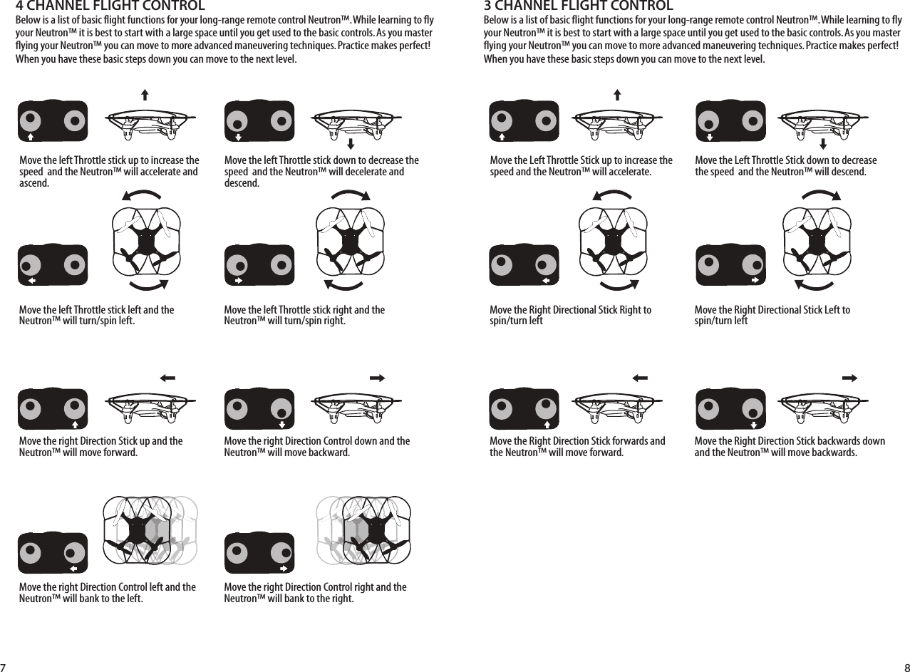 4 CHANNEL FLIGHT CONTROLBelow is a list of basic flight functions for your long-range remote control Neutron™. While learning to fly your Neutron™ it is best to start with a large space until you get used to the basic controls. As you master flying your Neutron™ you can move to more advanced maneuvering techniques. Practice makes perfect! When you have these basic steps down you can move to the next level.Move the left Throttle stick up to increase the speed  and the Neutron™ will accelerate and ascend.Move the left Throttle stick down to decrease the speed  and the Neutron™ will decelerate and descend.Move the left Throttle stick left and the Neutron™ will turn/spin left. Move the left Throttle stick right and the Neutron™ will turn/spin right.Move the right Direction Stick up and the Neutron™ will move forward.Move the right Direction Control down and the Neutron™ will move backward.3 CHANNEL FLIGHT CONTROL Below is a list of basic flight functions for your long-range remote control Neutron™. While learning to fly your Neutron™ it is best to start with a large space until you get used to the basic controls. As you master flying your Neutron™ you can move to more advanced maneuvering techniques. Practice makes perfect! When you have these basic steps down you can move to the next level.Move the right Direction Control left and the Neutron™ will bank to the left.Move the right Direction Control right and the Neutron™ will bank to the right.7 8Move the Left Throttle Stick up to increase the speed and the Neutron™ will accelerate. Move the Left Throttle Stick down to decrease the speed  and the Neutron™ will descend.Move the Right Directional Stick Right to spin/turn leftMove the Right Directional Stick Left to spin/turn leftMove the Right Direction Stick forwards and the Neutron™ will move forward.Move the Right Direction Stick backwards down and the Neutron™ will move backwards. 