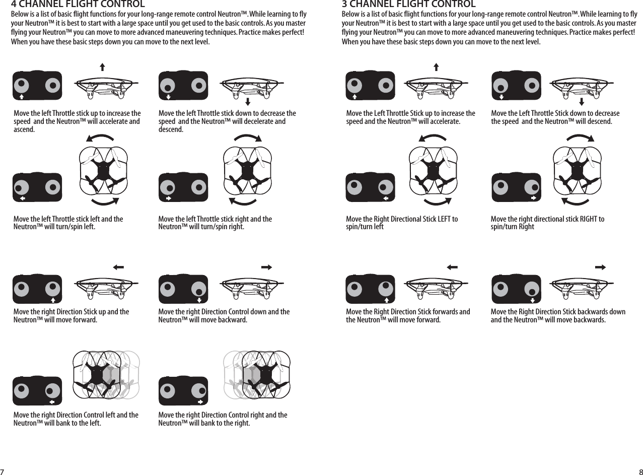 4 CHANNEL FLIGHT CONTROLBelow is a list of basic flight functions for your long-range remote control Neutron™. While learning to fly your Neutron™ it is best to start with a large space until you get used to the basic controls. As you master flying your Neutron™ you can move to more advanced maneuvering techniques. Practice makes perfect! When you have these basic steps down you can move to the next level.Move the left Throttle stick up to increase the speed  and the Neutron™ will accelerate and ascend.Move the left Throttle stick down to decrease the speed  and the Neutron™ will decelerate and descend.Move the left Throttle stick left and the Neutron™ will turn/spin left. Move the left Throttle stick right and the Neutron™ will turn/spin right.Move the right Direction Stick up and the Neutron™ will move forward.Move the right Direction Control down and the Neutron™ will move backward.3 CHANNEL FLIGHT CONTROL Below is a list of basic flight functions for your long-range remote control Neutron™. While learning to fly your Neutron™ it is best to start with a large space until you get used to the basic controls. As you master flying your Neutron™ you can move to more advanced maneuvering techniques. Practice makes perfect! When you have these basic steps down you can move to the next level.Move the right Direction Control left and the Neutron™ will bank to the left.Move the right Direction Control right and the Neutron™ will bank to the right.7 8Move the Left Throttle Stick up to increase the speed and the Neutron™ will accelerate. Move the Left Throttle Stick down to decrease the speed  and the Neutron™ will descend.Move the Right Directional Stick LEFT to spin/turn leftMove the right directional stick RIGHT to spin/turn RightMove the Right Direction Stick forwards and the Neutron™ will move forward.Move the Right Direction Stick backwards down and the Neutron™ will move backwards. 