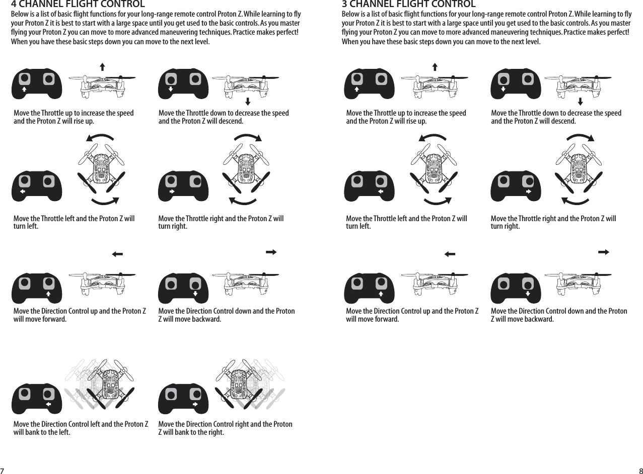 4 CHANNEL FLIGHT CONTROL Below is a list of basic flight functions for your long-range remote control Proton Z. While learning to fly your Proton Z it is best to start with a large space until you get used to the basic controls. As you master flying your Proton Z you can move to more advanced maneuvering techniques. Practice makes perfect! When you have these basic steps down you can move to the next level.Move the Throttle up to increase the speed and the Proton Z will rise up.Move the Throttle down to decrease the speed  and the Proton Z will descend.Move the Throttle left and the Proton Z will turn left.Move the Throttle right and the Proton Z will turn right.Move the Direction Control up and the Proton Z will move forward.Move the Direction Control down and the Proton Z will move backward.3 CHANNEL FLIGHT CONTROL Below is a list of basic flight functions for your long-range remote control Proton Z. While learning to fly your Proton Z it is best to start with a large space until you get used to the basic controls. As you master flying your Proton Z you can move to more advanced maneuvering techniques. Practice makes perfect! When you have these basic steps down you can move to the next level.Move the Direction Control left and the Proton Z will bank to the left.Move the Direction Control right and the Proton Z will bank to the right.7 8Move the Throttle up to increase the speed and the Proton Z will rise up.Move the Throttle down to decrease the speed  and the Proton Z will descend.Move the Throttle left and the Proton Z will turn left.Move the Throttle right and the Proton Z will turn right.Move the Direction Control up and the Proton Z will move forward.Move the Direction Control down and the Proton Z will move backward.