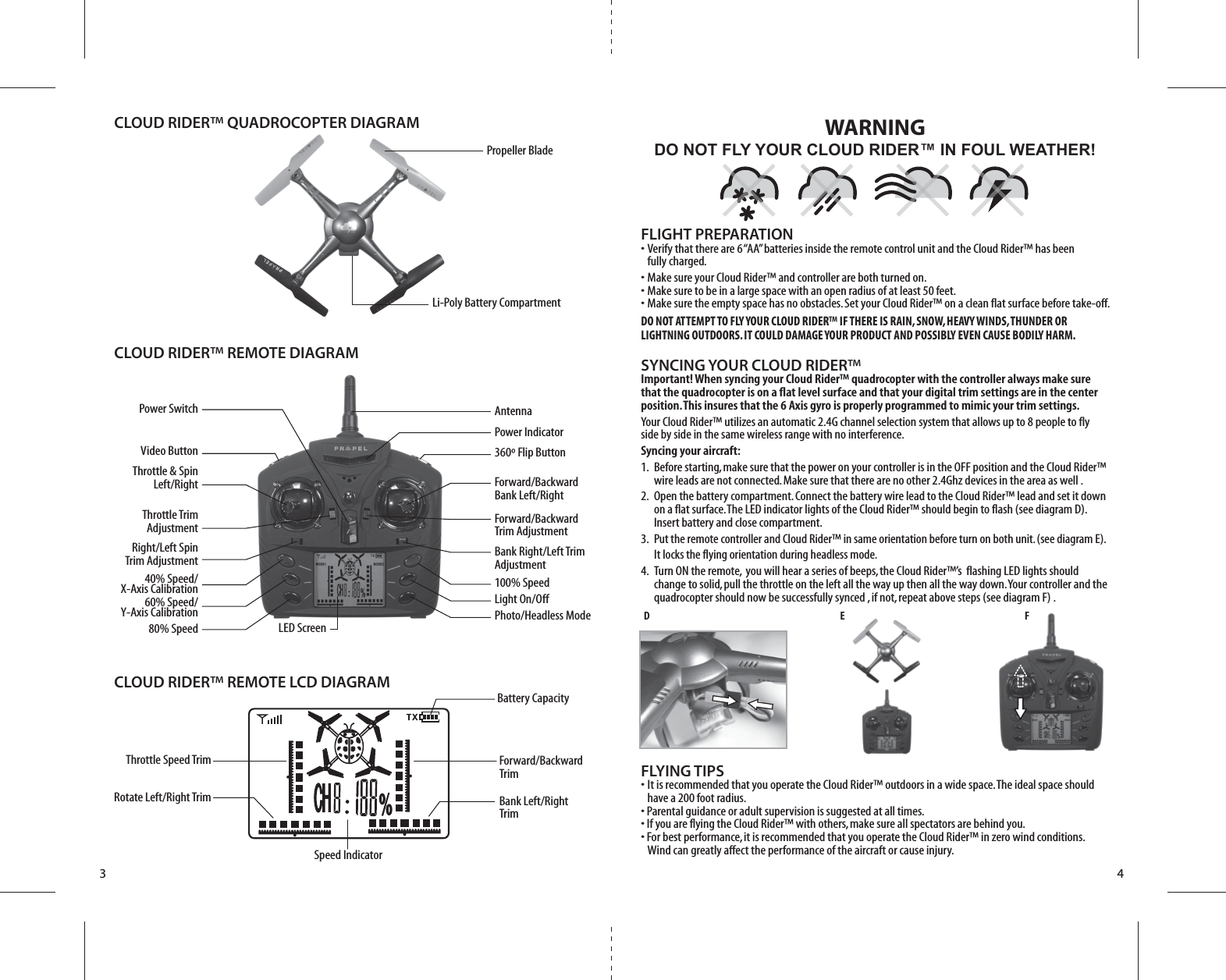 Propeller BladeLi-Poly Battery CompartmentCLOUD RIDER™ QUADROCOPTER DIAGRAMCLOUD RIDER™ REMOTE DIAGRAMCLOUD RIDER™ REMOTE LCD DIAGRAMVideo ButtonThrottle TrimAdjustmentThrottle &amp; SpinLeft/RightRight/Left SpinTrim AdjustmentPower SwitchPower IndicatorAntenna360º Flip ButtonForward/BackwardBank Left/RightForward/BackwardTrim AdjustmentBank Right/Left TrimAdjustment100% SpeedLight On/OffPhoto/Headless Mode40% Speed/X-Axis Calibration60% Speed/Y-Axis Calibration80% Speed LED ScreenD FE3 4FLIGHT PREPARATION•  Verify that there are 6 “AA” batteries inside the remote control unit and the Cloud Rider™ has been   fully charged.•  Make sure your Cloud Rider™ and controller are both turned on. •  Make sure to be in a large space with an open radius of at least 50 feet. •  Make sure the empty space has no obstacles. Set your Cloud Rider™ on a clean flat surface before take-off.DO NOT ATTEMPT TO FLY YOUR CLOUD RIDER™ IF THERE IS RAIN, SNOW, HEAVY WINDS, THUNDER OR LIGHTNING OUTDOORS. IT COULD DAMAGE YOUR PRODUCT AND POSSIBLY EVEN CAUSE BODILY HARM.SYNCING YOUR CLOUD RIDER™Important! When syncing your Cloud Rider™ quadrocopter with the controller always make sure that the quadrocopter is on a flat level surface and that your digital trim settings are in the center position. This insures that the 6 Axis gyro is properly programmed to mimic your trim settings. Your Cloud Rider™ utilizes an automatic 2.4G channel selection system that allows up to 8 people to fly side by side in the same wireless range with no interference.Syncing your aircraft:1.  Before starting, make sure that the power on your controller is in the OFF position and the Cloud Rider™     wire leads are not connected. Make sure that there are no other 2.4Ghz devices in the area as well .2.  Open the battery compartment. Connect the battery wire lead to the Cloud Rider™ lead and set it down     on a flat surface. The LED indicator lights of the Cloud Rider™ should begin to flash (see diagram D).     Insert battery and close compartment.3.  Put the remote controller and Cloud Rider™ in same orientation before turn on both unit. (see diagram E).    It locks the flying orientation during headless mode.4.  Turn ON the remote,  you will hear a series of beeps, the Cloud Rider™’s  flashing LED lights should     change to solid, pull the throttle on the left all the way up then all the way down. Your controller and the      quadrocopter should now be successfully synced , if not, repeat above steps (see diagram F) . FLYING TIPS•  It is recommended that you operate the Cloud Rider™ outdoors in a wide space. The ideal space should      have a 200 foot radius. • Parental guidance or adult supervision is suggested at all times.• If you are flying the Cloud Rider™ with others, make sure all spectators are behind you.• For best performance, it is recommended that you operate the Cloud Rider™ in zero wind conditions.   Wind can greatly affect the performance of the aircraft or cause injury.DO NOT FLY YOUR CLOUD RIDER™ IN FOUL WEATHER!WARNINGThrottle Speed TrimRotate Left/Right TrimBattery CapacityForward/BackwardTrimBank Left/RightTrimSpeed Indicator