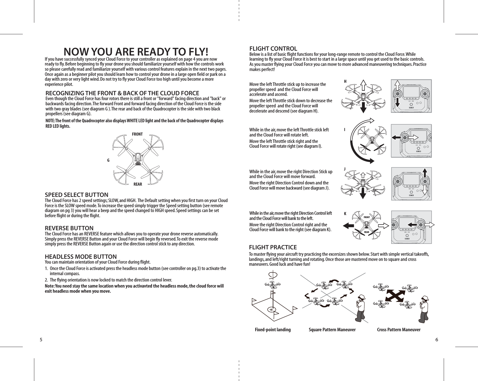 5 6GFRONTREARHIJKFLIGHT CONTROLBelow is a list of basic flight functions for your long-range remote to control the Cloud Force. While learning to fly your Cloud Force it is best to start in a large space until you get used to the basic controls. As you master flying your Cloud Force you can move to more advanced maneuvering techniques. Practice makes perfect! Move the left Throttle stick up to increase the propeller speed  and the Cloud Force will accelerate and ascend. Move the left Throttle stick down to decrease the propeller speed  and the Cloud Force will decelerate and descend (see diagram H).While in the air, move the left Throttle stick left and the Cloud Force will rotate left.Move the left Throttle stick right and the Cloud Force will rotate right (see diagram I).While in the air, move the right Direction Stick up and the Cloud Force will move forward.Move the right Direction Control down and the Cloud Force will move backward (see diagram J).While in the air, move the right Direction Control left and the Cloud Force will bank to the left.Move the right Direction Control right and the Cloud Force will bank to the right (see diagram K).FRONTREARNOW YOU ARE READY TO FLY!If you have successfully synced your Cloud Force to your controller as explained on page 4 you are now ready to fly. Before beginning to fly your drone you should familiarize yourself with how the controls work so please carefully read and familiarize yourself with various control features explain in the next two pages. Once again as a beginner pilot you should learn how to control your drone in a large open field or park on a day with zero or very light wind. Do not try to fly your Cloud Force too high until you become a more experience pilot.RECOGNIZING THE FRONT &amp; BACK OF THE CLOUD FORCEEven though the Cloud Force has four rotors there is still a front or &quot;forward&quot; facing direction and &quot;back&quot; or backwards facing direction. The forward Front and forward facing direction of the Cloud Force is the side with two gray blades (see diagram G ). The rear and back of the Quadrocopter is the side with two black propellers (see diagram G). NOTE: The front of the Quadrocopter also displays WHITE LED light and the back of the Quadrocopter displays RED LED lights.Fixed-point landing Square Pattern Maneuver Cross Pattern ManeuverFLIGHT PRACTICETo master flying your aircraft try practicing the excersizes shown below. Start with simple vertical takeoffs, landings, and left/right turning and rotating. Once those are mastered move on to square and cross maneuvers. Good luck and have fun!SPEED SELECT BUTTONThe Cloud Force has 2 speed settings; SLOW, and HIGH.  The Default setting when you first turn on your Cloud Force is the SLOW speed mode. To increase the speed simply trigger the Speed setting button (see remote diagram on pg 3) you will hear a beep and the speed changed to HIGH speed. Speed settings can be set before flight or during the flight. REVERSE BUTTONThe Cloud Force has an REVERSE feature which allows you to operate your drone reverse automatically.  Simply press the REVERSE Button and your Cloud Force will begin fly reversed. To exit the reverse mode simply press the REVERSE Button again or use the direction control stick to any direction.HEADLESS MODE BUTTONYou can maintain orientation of your Cloud Force during flight.1.  Once the Cloud Force is activated press the headless mode button (see controller on pg.3) to activate the   internal compass.2.  The flying orientation is now locked to match the direction control lever.Note: You need stay the same location when you activavted the headless mode, the cloud force will exit headless mode when you move.