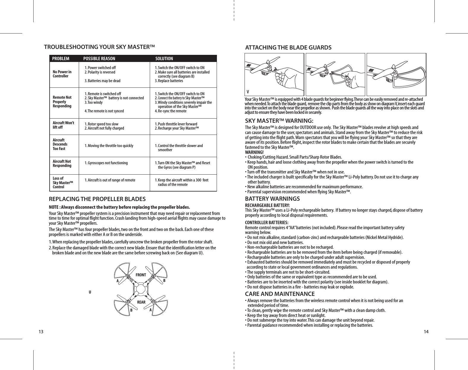 FRONTREARBAABU13 14SKY MASTER™ WARNING:The Sky Master™ is designed for OUTDOOR use only.  The Sky Master™ blades revolve at high speeds and can cause damage to the user, spectators and animals. Stand away from the Sky Master™ to reduce the risk of getting into the flight path. Warn spectators that you will be flying your Sky Master™ so that they are aware of its position. Before flight, inspect the rotor blades to make certain that the blades are securely fastened to the Sky Master™.WARNING!• Choking/Cutting Hazard. Small Parts/Sharp Rotor Blades.• Keep hands, hair and loose clothing away from the propeller when the power switch is turned to the   ON position.• Turn off the transmitter and Sky Master™ when not in use.• The included charger is built specifically for the Sky Master™ Li-Poly battery. Do not use it to charge any   other battery.• New alkaline batteries are recommended for maximum performance.• Parental supervision recommended when flying Sky Master™.BATTERY WARNINGSRECHARGEABLE BATTERY:This Sky Master™ uses a Li-Poly rechargeable battery.  If battery no longer stays charged, dispose of battery properly according to local disposal requirements.CONTROLLER BATTERIES:Remote control requires 4 “AA” batteries (not included). Please read the important battery safety warning below.• Do not mix alkaline, standard (carbon-zinc) and rechargeable batteries (Nickel Metal Hydride).• Do not mix old and new batteries.• Non-rechargeable batteries are not to be recharged.• Rechargeable batteries are to be removed from the item before being charged (if removable).• Rechargeable batteries are only to be charged under adult supervision.• Exhausted batteries should be removed immediately and must be recycled or disposed of properly   according to state or local government ordinances and regulations.• The supply terminals are not to be short-circuited.• Only batteries of the same or equivalent type as recommended are to be used.• Batteries are to be inserted with the correct polarity (see inside booklet for diagram).• Do not dispose batteries in a fire - batteries may leak or explode.CARE AND MAINTENANCE• Always remove the batteries from the wireless remote control when it is not being used for an   extended period of time.• To clean, gently wipe the remote control and Sky Master™ with a clean damp cloth.• Keep the toy away from direct heat or sunlight.• Do not submerge the toy into water. This can damage the unit beyond repair.• Parental guidance recommended when installing or replacing the batteries.REPLACING THE PROPELLER BLADESNOTE : Always disconnect the battery before replacing the propeller blades.Your Sky Master™ propeller system is a precision instrument that may need repair or replacement from time to time for optimal flight function. Crash landing from high-speed aerial flights may cause damage to your Sky Master™ propellers. The Sky Master™ has four propeller blades, two on the front and two on the back. Each one of these propellers is marked with either A or B on the underside.1. When replacing the propeller blades, carefully unscrew the broken propeller from the rotor shaft.  2. Replace the damaged blade with the correct new blade. Ensure that the identification letter on the       broken blade and on the new blade are the same before screwing back on (See diagram U).  PROBLEM  POSSIBLE REASON  SOLUTION1. Switch the ON/OFF switch to ON2. Make sure all batteries are installed       correctly (see diagram B) 3. Replace batteries1. Switch the ON/OFF switch to ON2. Connect the battery to Sky Master™      3. Windy conditions severely impair the      operation of the Sky Master™4. Re-sync the remote1. Push throttle lever forward2. Recharge your Sky Master™1. Control the throttle slower and       smoother 1. Turn ON the Sky Master™ and Reset       the Gyros (see diagram P)1. Keep the aircraft within a 300  feet       radius of the remote1. Power switched off2. Polarity is reversed3. Batteries may be dead1. Remote is switched off 2. Sky Master™  battery is not connected3. Too windy4. The remote is not synced1. Rotor speed too slow 2. Aircraft not fully charged 1. Moving the throttle too quickly1. Gyroscopes not functioning1. Aircraft is out of range of remote TROUBLESHOOTING YOUR SKY MASTER™No Power in ControllerRemote Not ProperlyRespondingAircraft Won’t lift offAircraftDescendsToo FastAircraft NotRespondingLoss ofSky Master™Control   ATTACHING THE BLADE GUARDSYour Sky Master™ is equipped with 4 blade guards for beginner flying. These can be easily removed and re-attached when needed. To attach the blade guard,  remove the clip parts from the body as show on diagram V, insert each guard into the socket on the body near the propellor as shown.  Push the blade guards all the way into place on the slots and adjust to ensure they have been locked in securely.V
