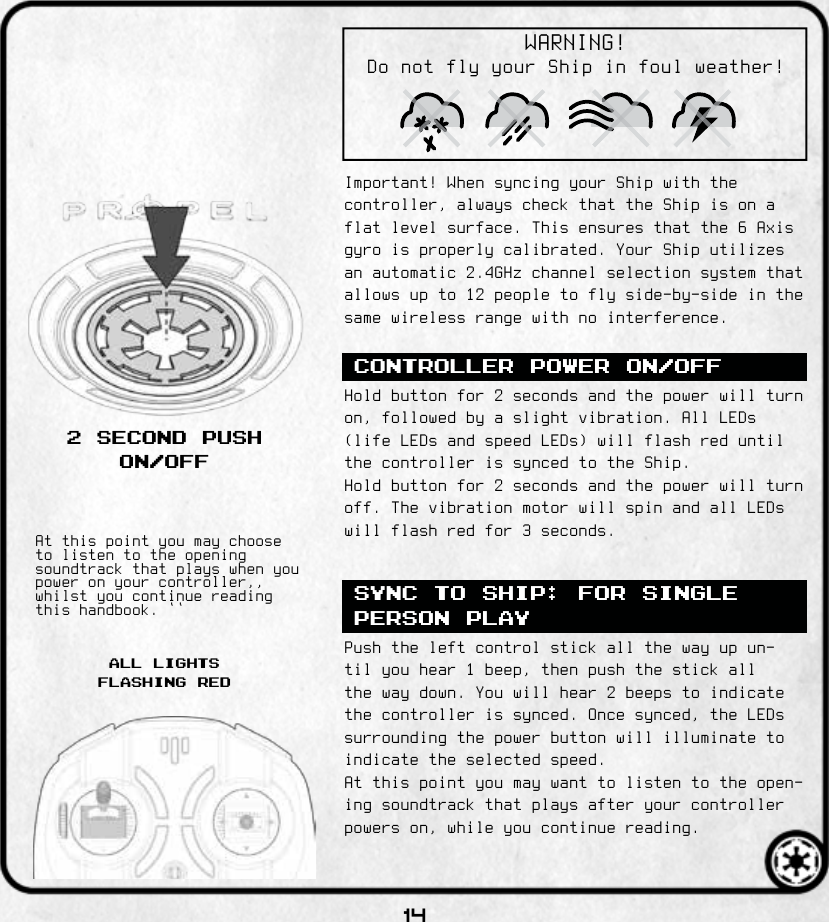 14CONTROLLER POWER ON/OFFSYNC TO SHIP: FOR SINGLE PERSON PLAY2 SECOND PUSH ON/OFFALL LIGHTSFLASHING RED