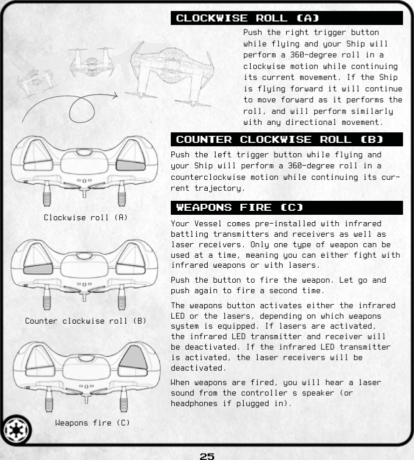25CLOCKWISE ROLL (A)COUNTER CLOCKWISE ROLL (B)WEAPONS FIRE (C)