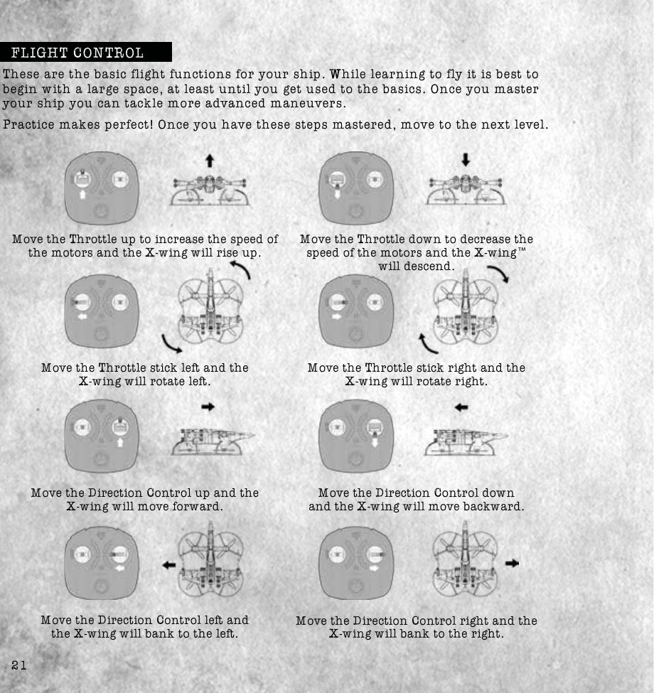 21FLIGHT CONTROLThese are the basic flight functions for your ship. While learning to fly it is best to begin with a large space, at least until you get used to the basics. Once you master your ship you can tackle more advanced maneuvers. Practice makes perfect! Once you have these steps mastered, move to the next level. Move the Throttle up to increase the speed of the motors and the X-wing will rise up.Move the Throttle stick left and the X-wing will rotate left.Move the Direction Control up and the X-wing will move forward.Move the Direction Control left and the X-wing will bank to the left.Move the Throttle down to decrease the will descend.Move the Throttle stick right and the X-wing will rotate right.Move the Direction Control down and the X-wing will move backward.Move the Direction Control right and the X-wing will bank to the right.