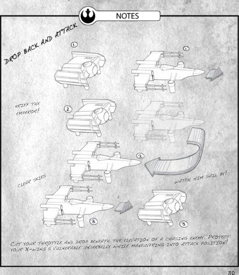 30CUt yoUr throttle and droP beneath the elevation of a ChasinG enemy. ProteCt yoUr x-winG’s vUlnerable Underbelly while maneUverinG into attaCk Position!kriff the emPeror!watCh him sail by!Clear skies