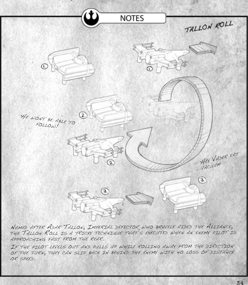 34named after adar tallon, imPerial defeCtor who bravely aided the allianCe, the tallon roll is a triCky teChniqUe that’s exeCUted when an enemy Pilot is aPProaChinG fast from the rear. if the Pilot levels oUt and PUlls UP while rollinG away from the direCtion of the tUrn, they Can sliP baCk in behind the enemy with no loss of distanCe or sPeed.he wont be able to follow!hey vader eat vaCUUm