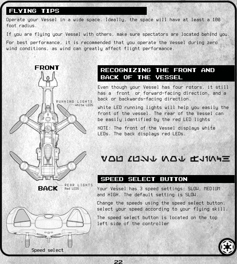 22running lightsrear lightsFLYING TIPSRECOGNIZING THE FRONT AND BACK OF THE VESSELSPEED SELECT BUTTONFRONTBACKSpeed select
