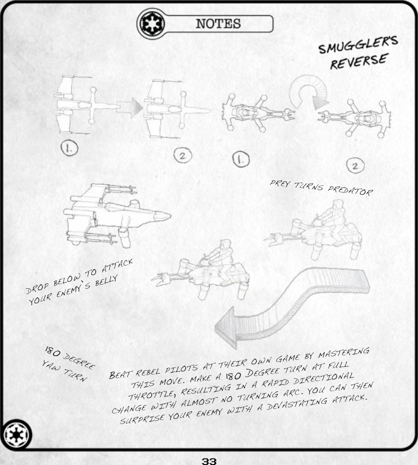 33beat rebel pIlots at tHeIr own game by masterIng tHIs move. make a 180 degree turn at full tHrottle, resultIng In a rapId dIrectIonal cHange wItH almost no turnIng arc. you can tHen surprIse your enemy wItH a devastatIng attack.prey turns predator180 degreeyaw turndrop below to attack your enemy’s belly