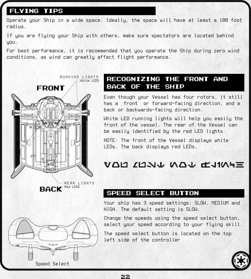 22FLYING TIPSRECOGNIZING THE FRONT AND BACK OF THE SHIPSPEED SELECT BUTTONFRONTBACKrunning lightsrear lights