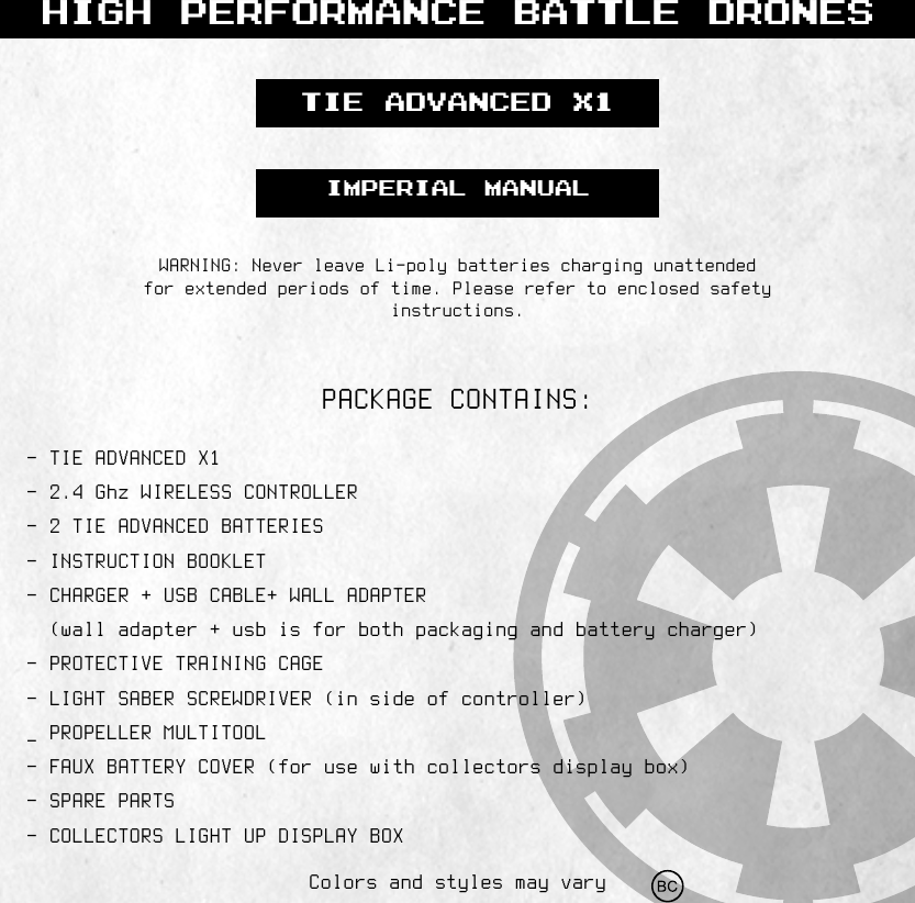 HIGH PERFORMANCE BATTLE DRONESIMPERIAL MANUALTIE ADVANCED X1