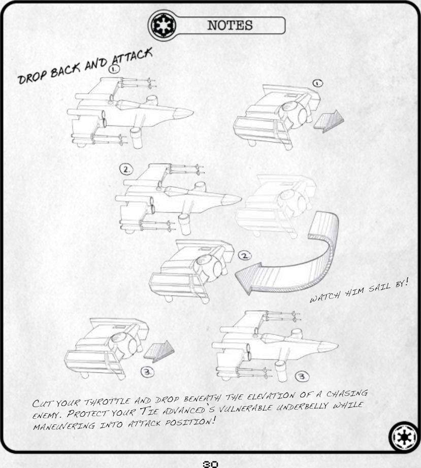 30Cut your throttle and drop beneath the elevation of a Chasing enemy. proteCt your tie advanCed’s vulnerable underbelly while maneuvering into attaCk position!watCh him sail by!
