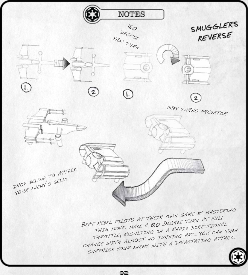 32beat rebel pilots at their own game by mastering this move. make a 180 degree turn at full throttle, resulting in a rapid direCtional Change with almost no turning arC. you Can then surprise your enemy with a devastating attaCk.prey turns predator180 degreeyaw turndrop below to attaCk your enemy’s belly